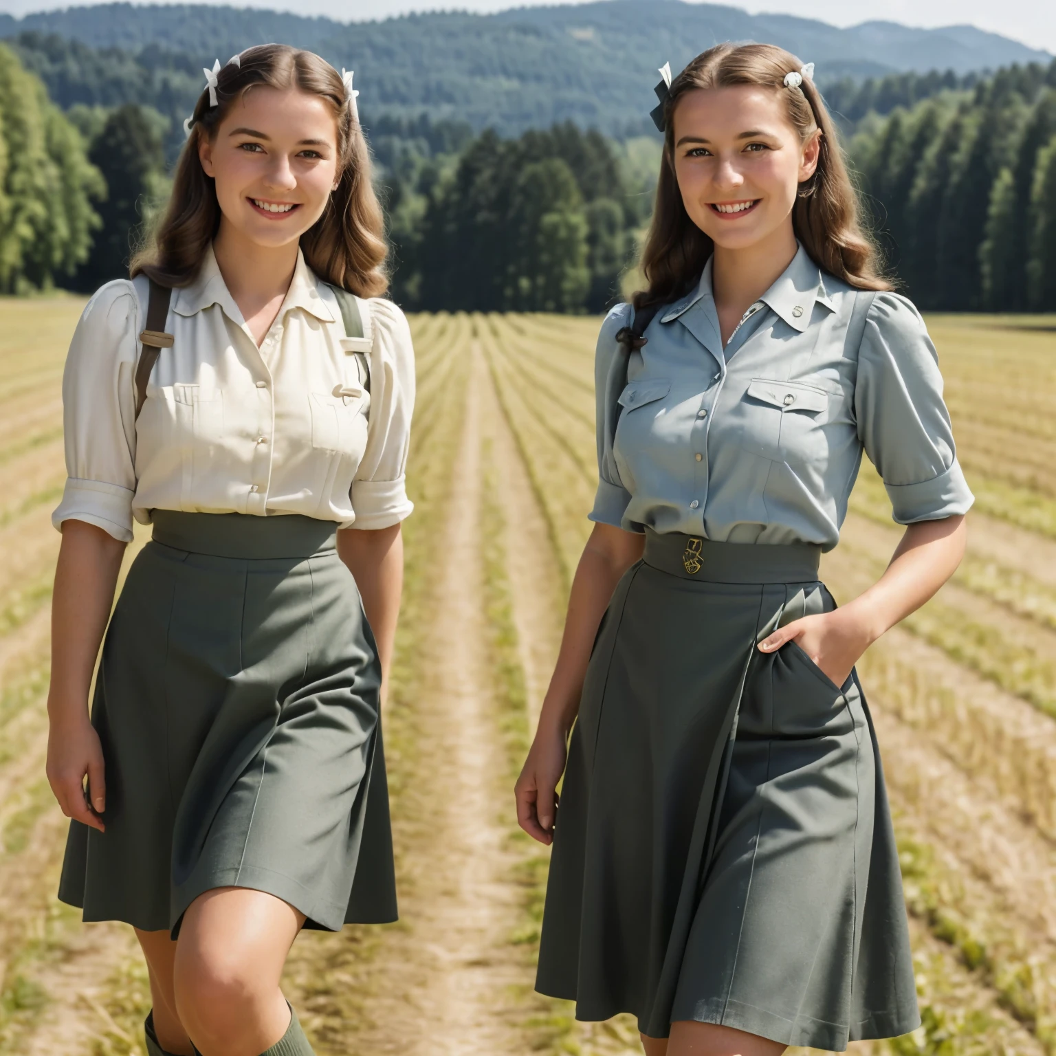 ((best quality)), ((masterpiece)), pretty smile with cure dimples, ((Photo-realistic)), (detailed), ((2 pretty german 1940s land army girls in the Bavarian fields)), grey uniform, full body, classic german facial features, ((no joined body parts)), perfectly proportioned anatomy, natural poses, ((skirt hem ends above the knee)),