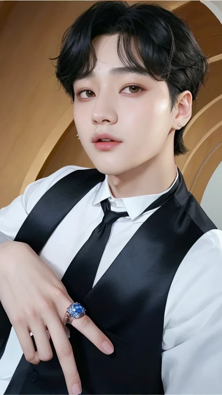 hay un hombre con un anillo en el dedo y vestido con chaleco y corbata, jungkook, cai xukun, pale korean adorable face, Jimin\los labios carnosos, yoongi de pelo negro, foto de perfil en la cabeza, Jinyoung Shin, TaeJune Kim, hyung tae, park Jimin, hong junio hyung, jia, inspirado en Kun Can, kim doyoung