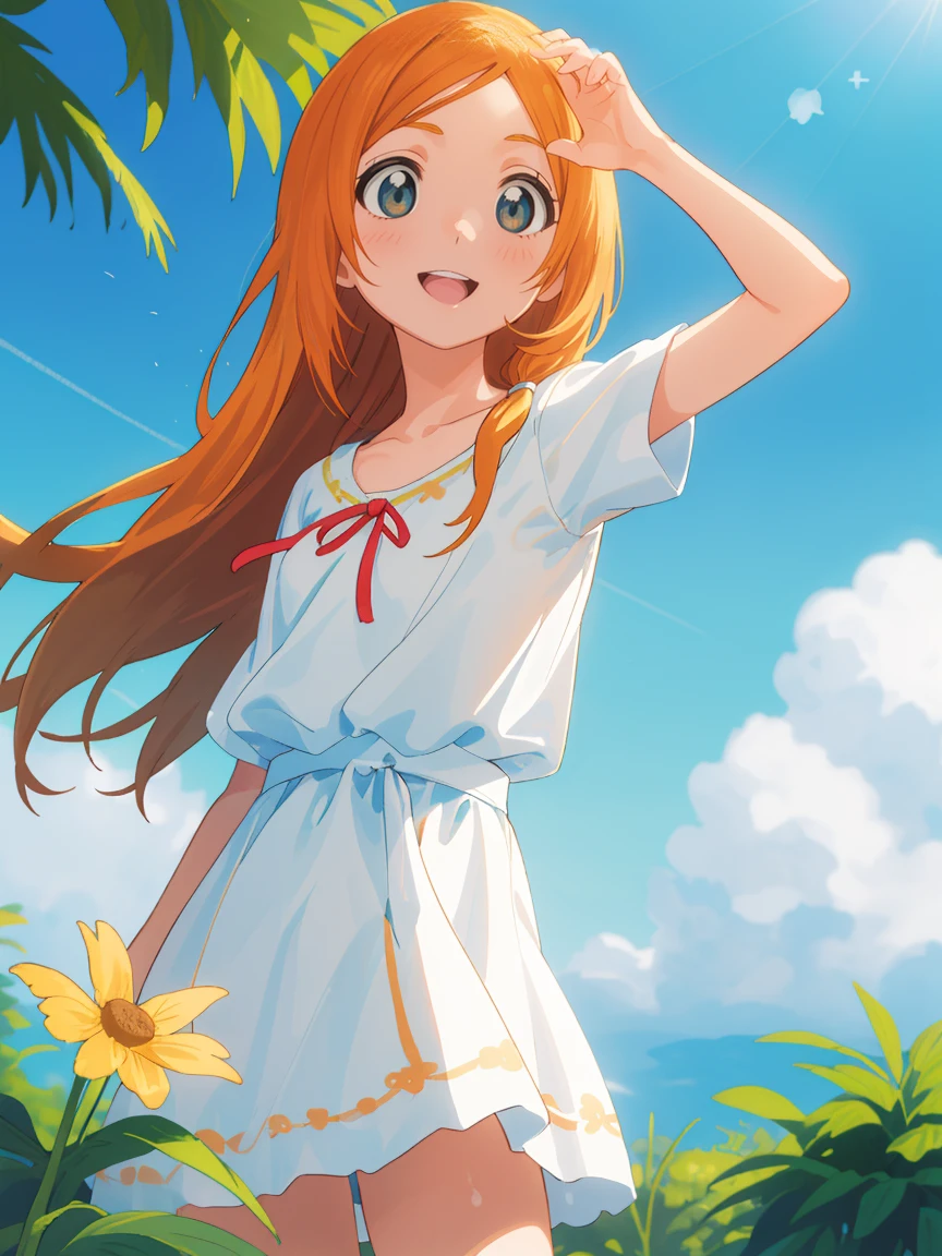 Inoue Orihime, laranja, cabelo, long cabelo, (olhos castanhos:1.5), cabelopin, sorriso, seios grandes, 1 garota, sunflor, tem, flor, vestir, white vestir, sunvestir, sky, olhando para o espectador, straw tem, dia, sorriso, ao ar livre, Nuvem, sun tem, lips, Ombros nus, blue sky