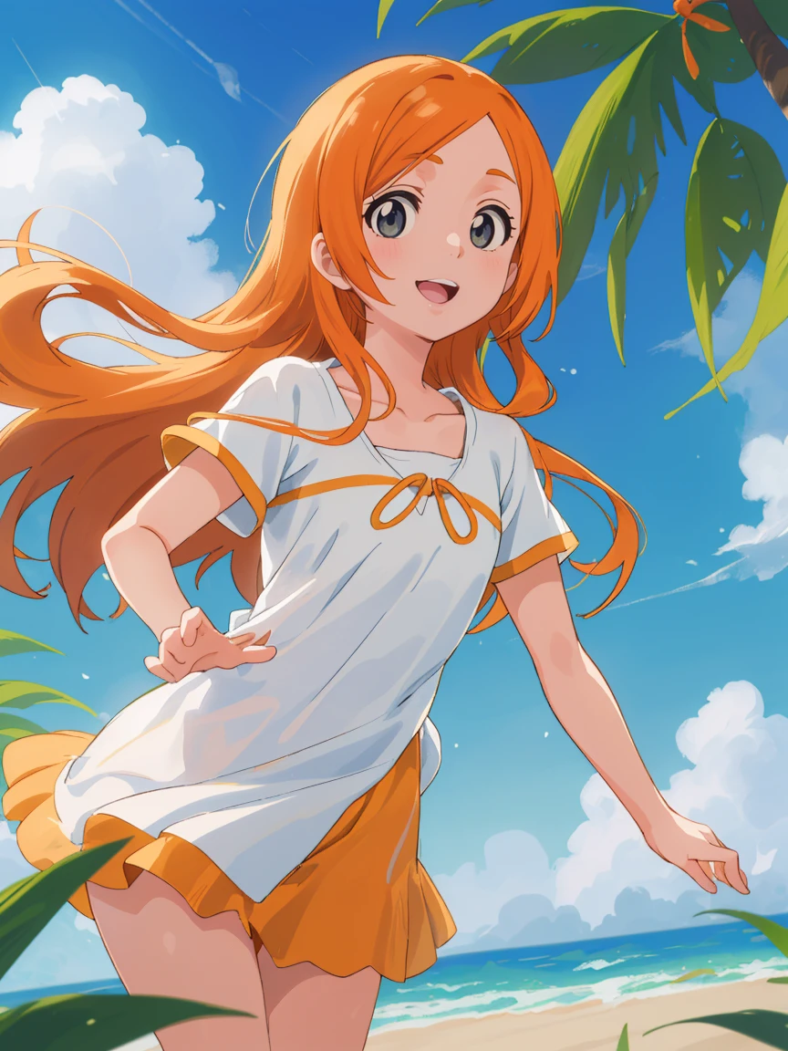 Inoue Orihime, laranja, cabelo, long cabelo, (olhos castanhos:1.5), cabelopin, sorriso, seios grandes, 1 garota, sunflor, tem, flor, vestir, white vestir, sunvestir, sky, olhando para o espectador, straw tem, dia, sorriso, ao ar livre, Nuvem, sun tem, lips, Ombros nus, blue sky