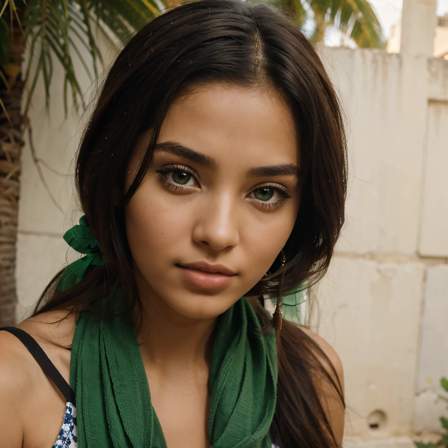 Young North African woman pretty face light green eyes