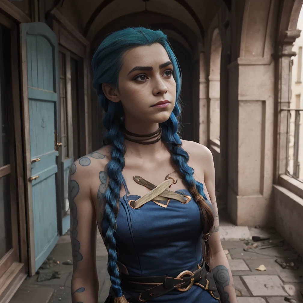 style arcanique, 1fille, tatouage de nuage sur le bras, frange asymétrique, Bande, Cheveux bleus, tresses bleues, chemise marron, Tatouage de nuage, latéralement, porte-poisse has blue-colored braided hair., Cheveux longs tressés, yeux roses, lèvres rouges, debout , Tatouage de nuage, tresses jumelles. Arcane Malchance. porte-poisse. porte-poisse, ésotérique (League of Legends\), porte-poisse is on an abandoned street, endroit abandonné plein de débris, porte-poisse de ésotérique, fille aux cheveux tressés, fille en jean, porte-poisse de ésotérique