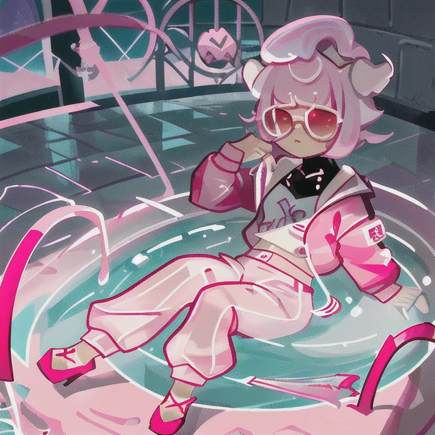 Vanilla Cherry Cookie lying down on Pool, Pink Hair, short hair, bowl cut, bangs pinned back, Red Horns, Silver Square Eyewear, Dark PinkTracksuit , Surrealism, Artist by Peter Jian and William Pyo