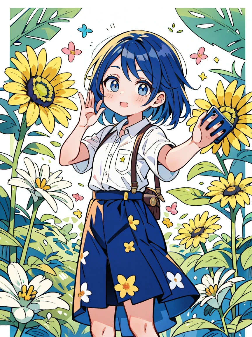 obra de arte, maximum quality, super detalhado, illustration, olhos laranja detalhados, Garota, semi-longo, Encaracolado, camisa, Manga curta, caixa de correio, profundidade de campo, flores bonitas, selfie