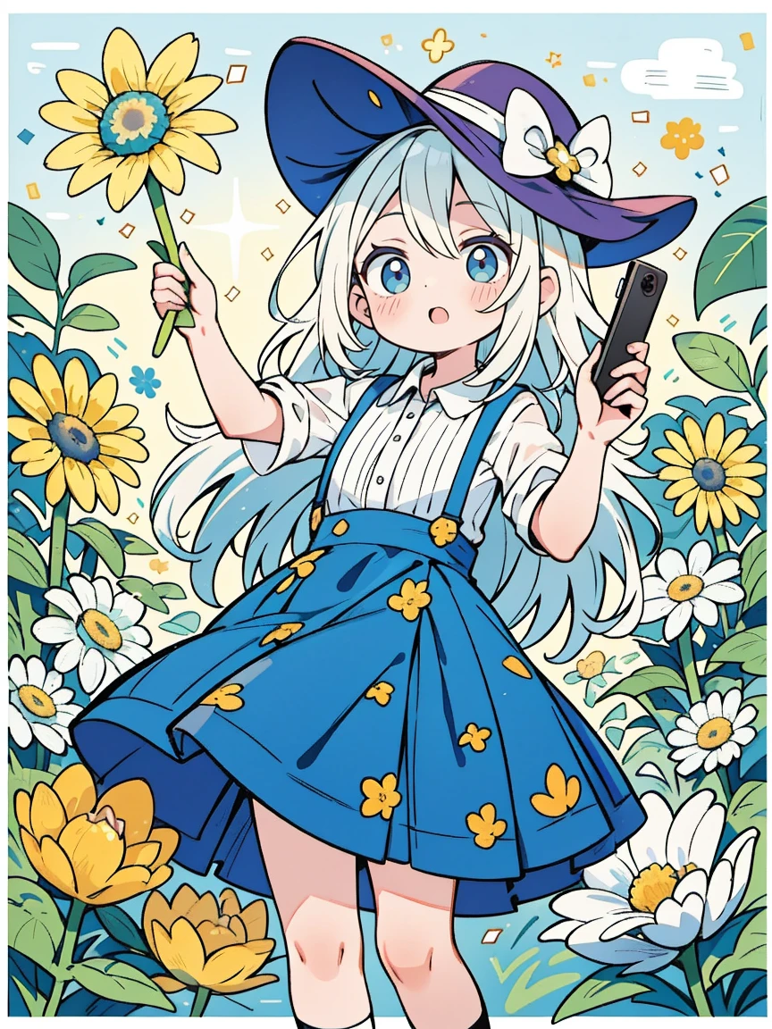 obra de arte, maximum quality, super detalhado, illustration, olhos laranja detalhados, Garota, semi-longo, Encaracolado, camisa, Manga curta, caixa de correio, profundidade de campo, flores bonitas, selfie