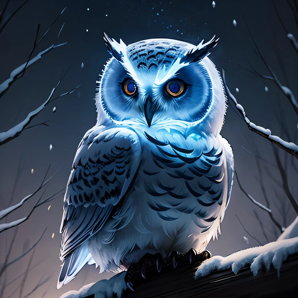 an ice owl, on a winter night, halloween atmosphere.
