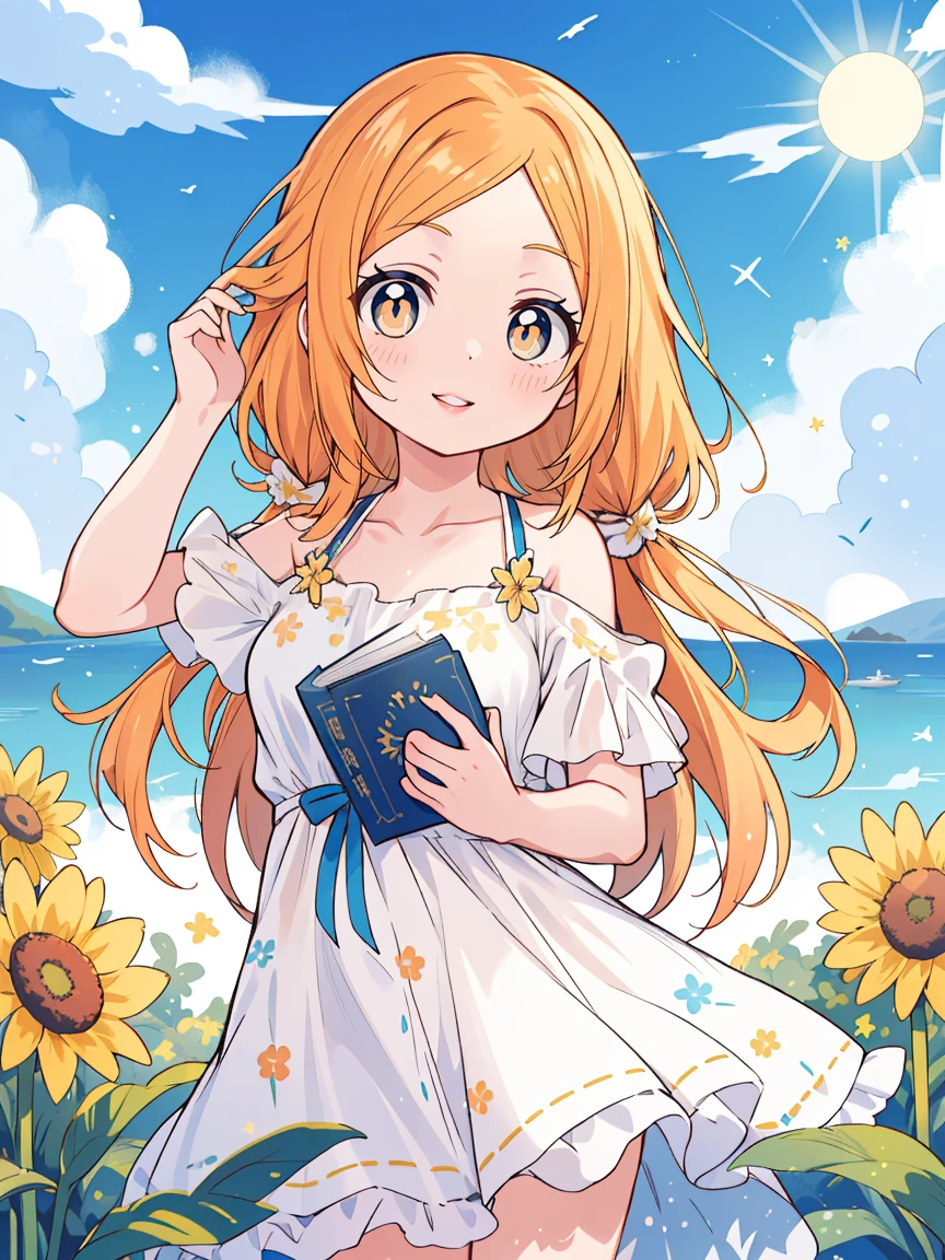 Inoue Orihime, laranja, cabelo, long cabelo, (olhos castanhos:1.5), cabelopin, sorriso, seios grandes, 1 garota, sunflor, tem, flor, vestir, white vestir, sunvestir, sky, olhando para o espectador, straw tem, dia, sorriso, ao ar livre, Nuvem, sun tem, lips, Ombros nus, blue sky