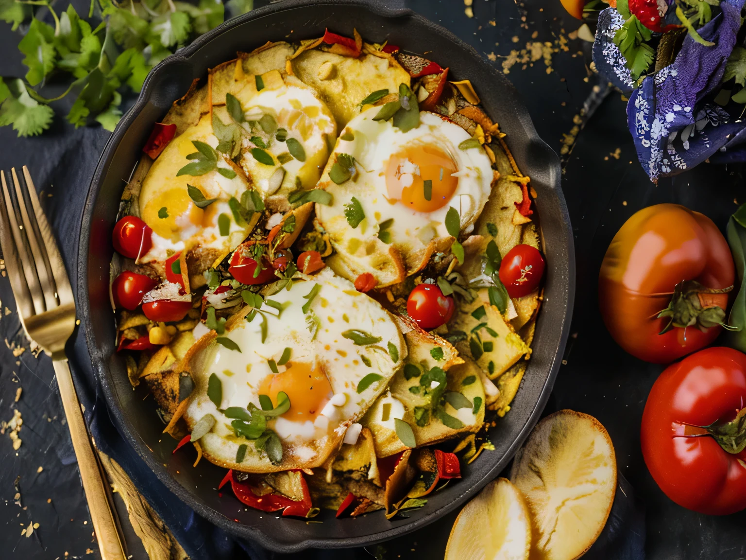 there is a pan of eggs and tomatoes on a table, eggs, chilaquiles, ratatouille style, hearty breakfast, inspired by Géza Dósa, romanian, italian masterpiece, high rendering, the best ever, brazilian, ❤🔥🍄🌪, yummy, sakimi, the best, by Juan O'Gorman, high quality picture