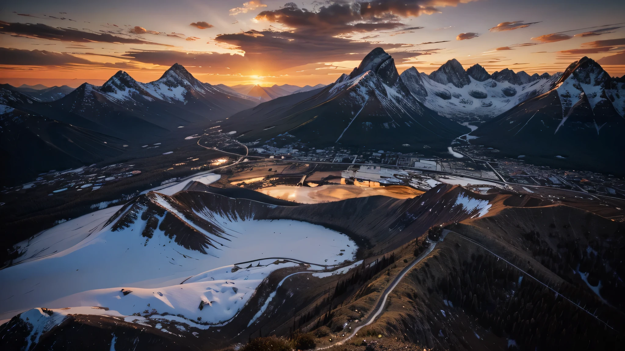 photorealistic sunset sky and mountains, 4k hdr