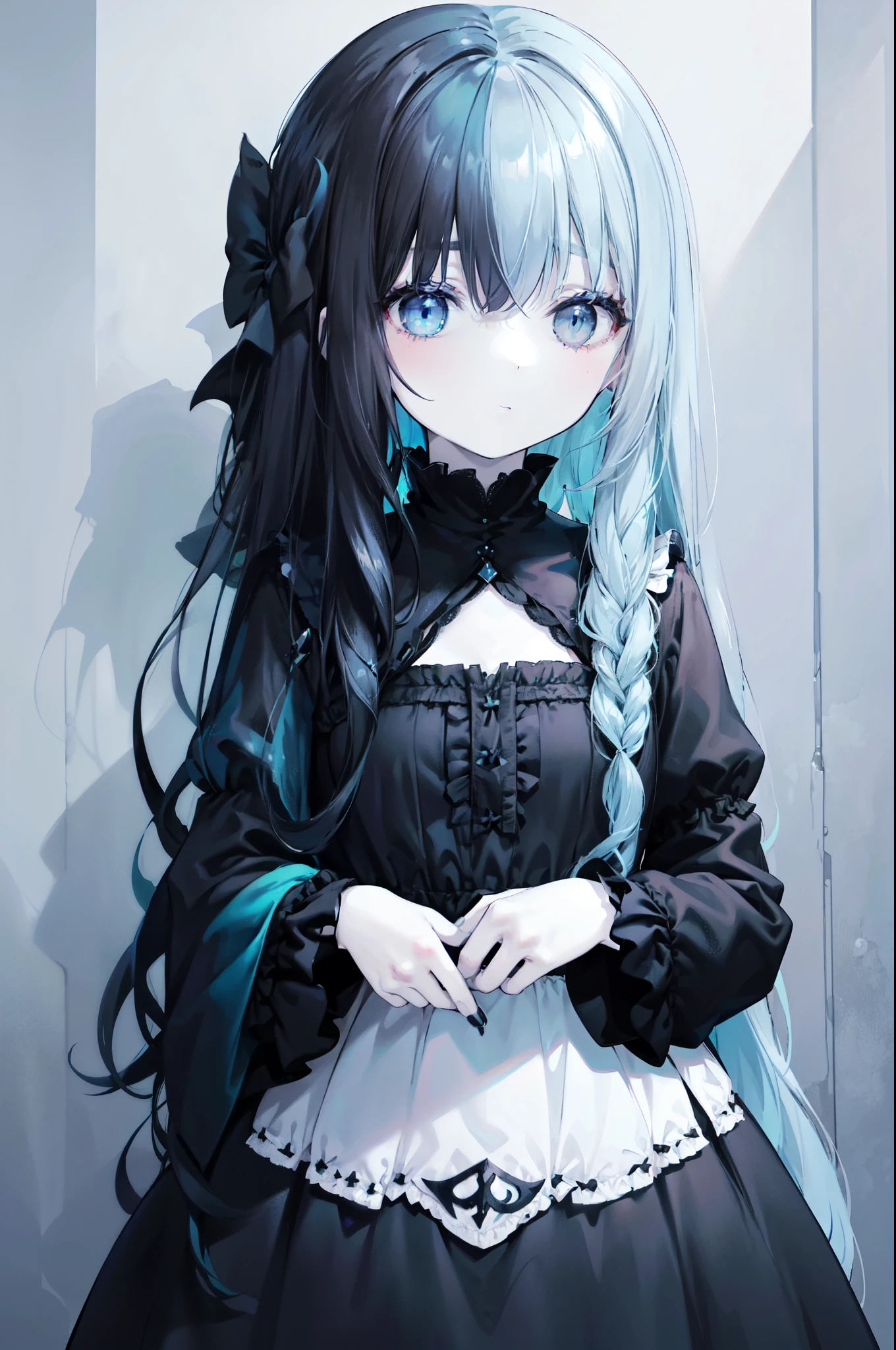 pastel gothic vampire girl, (hlfcol haired girl with black and pale blue hair), ((pale blue ombre hair)), pale blue eyes, pastel blue gothic ****ta dress, 