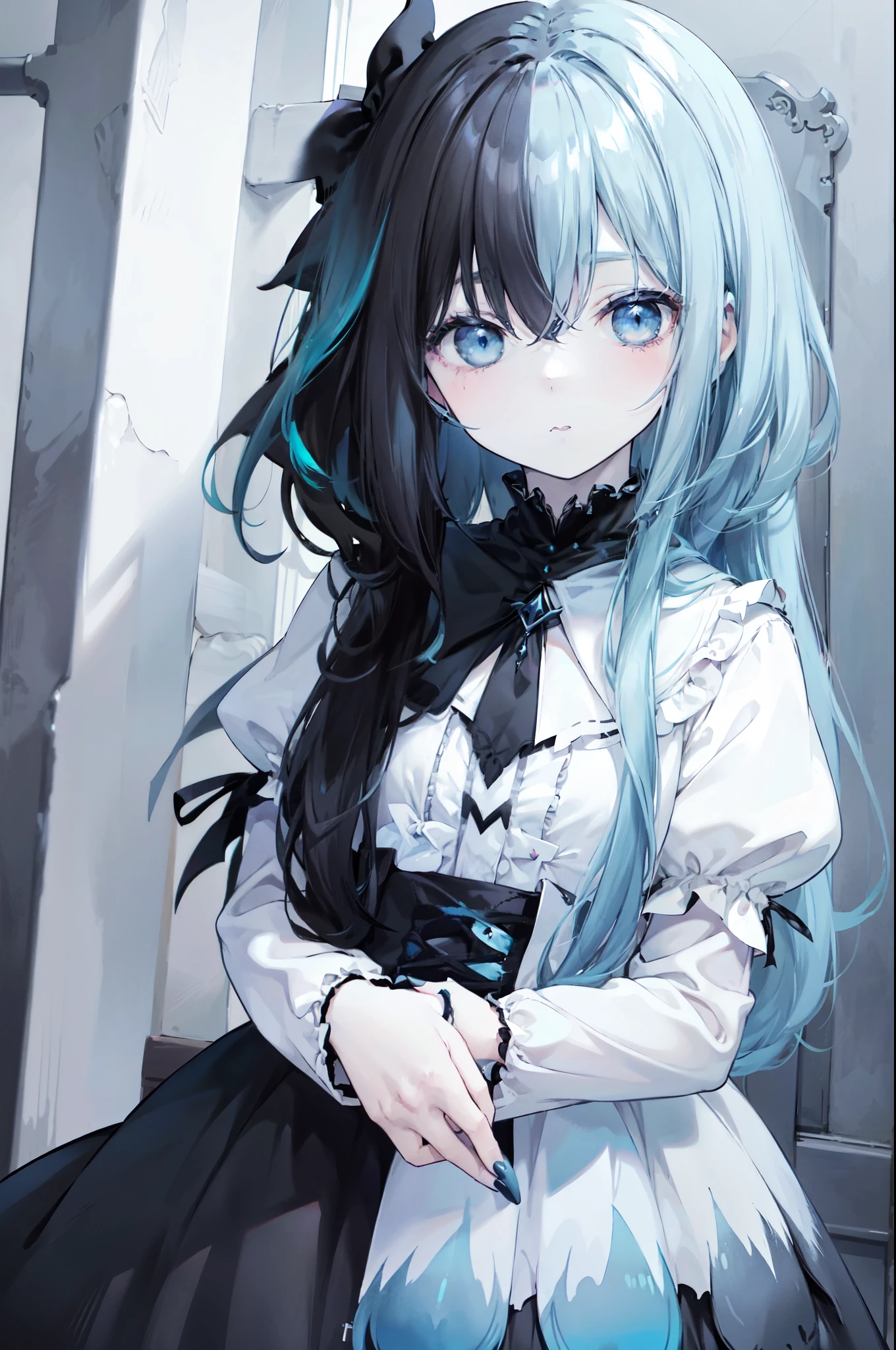 pastel gothic vampire girl, (hlfcol haired girl with black and pale blue hair), ((pale blue ombre hair)), pale blue eyes, pastel blue gothic lolita dress,