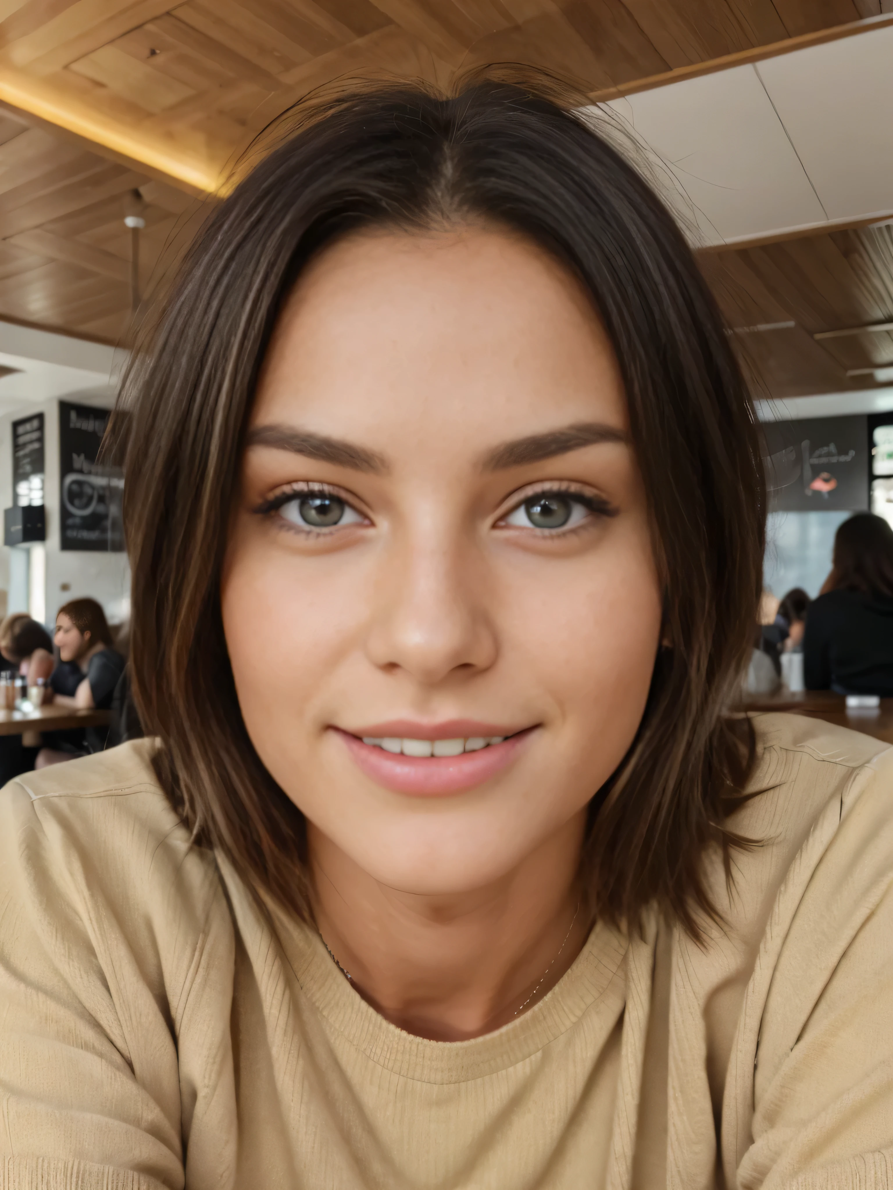 young girl, Fotografie, dunkles schulterlanges Haar, Dekollete, Emo Wildfang, wearing a beige sweater (in einem Café, das Limonade trinkt), Sehr detailiert, Gesicht unschuldig, high resolution, Meisterwerk, best quality, komplizierte hohe Detailgenauigkeit, sehr detailliert, scharfer Fokus, detaillierte Haut, realistic skin Textur, Textur, Detaillierte Augen, Fachmann, 4K, charming smile, gefilmt mit Canon, 85 mm, shallow depth of field, Kodak Vision Color, perfectly fitting body, Extremely detailed, Fotografier_\(Ultra\), fotorealistisch, Realistisch, Nachbehandlung, maximale Details, Rauheit, wahres Leben, Ultra realist, Fotorealismus, Fotografie, 8K UHD, Fotografie