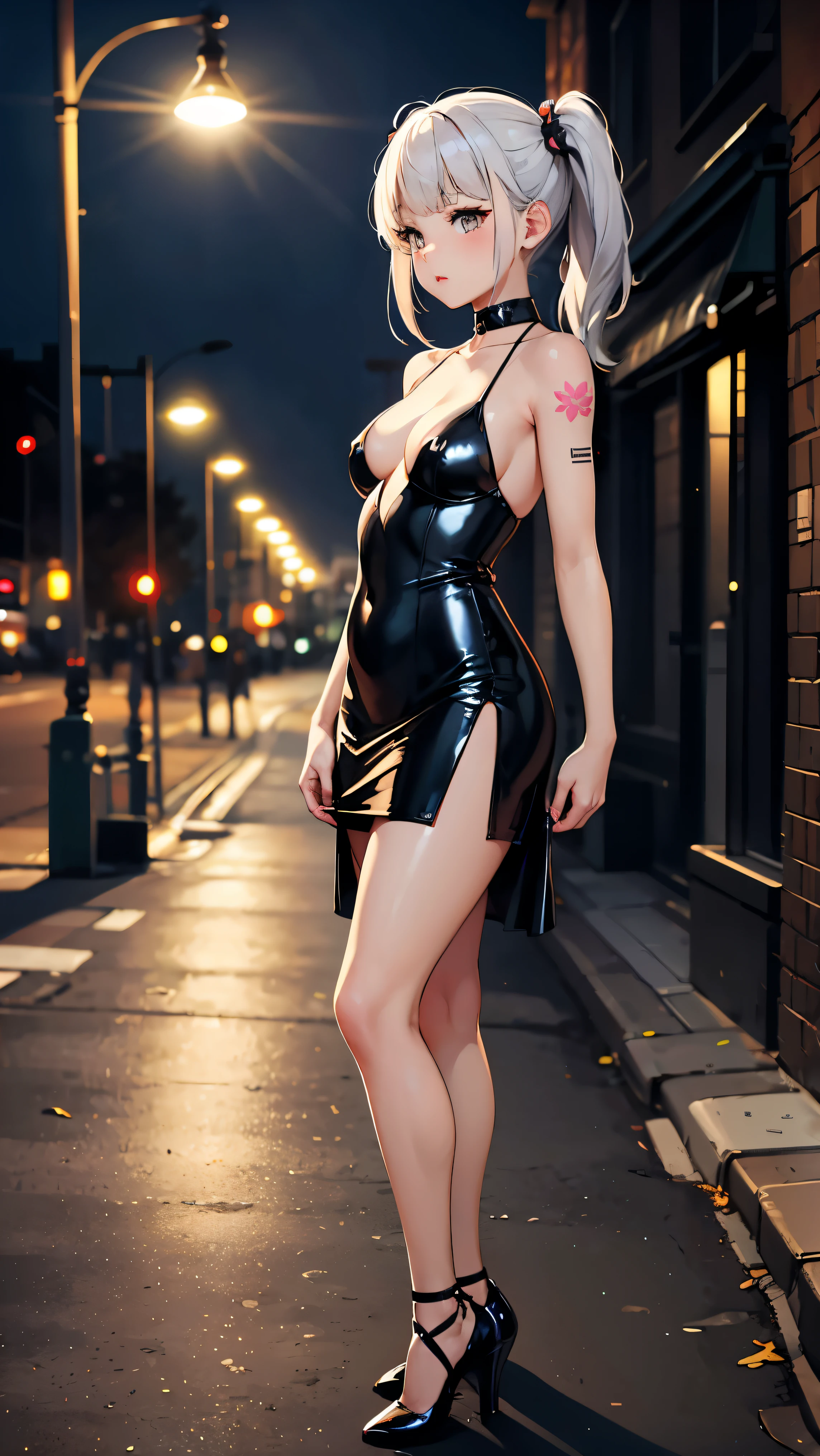 ((masterpiece)), ((Best quality)), (ultra detailed), ((kawaii)), Cute, (Beautiful), ((sexual)), ((extremely detailed)), 4K, (8K), Best quality, (Beautiful), Young woman, stockings, heels, , excellent hand anatomy, best anatomy, short fitted latex dress, ponytail, White hair, tattoo on tele, standing pose, shine, neon, to the streets, night, uncensored, whole body
