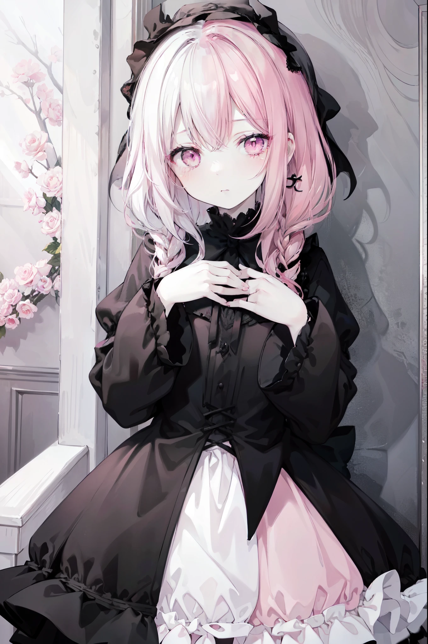 pastel gothic vampire girl, (hlfcol haired girl with black and pale pink hair), ((pale pinkombre hair)), pale pink eyes, pastel gothic ****ta dress, 