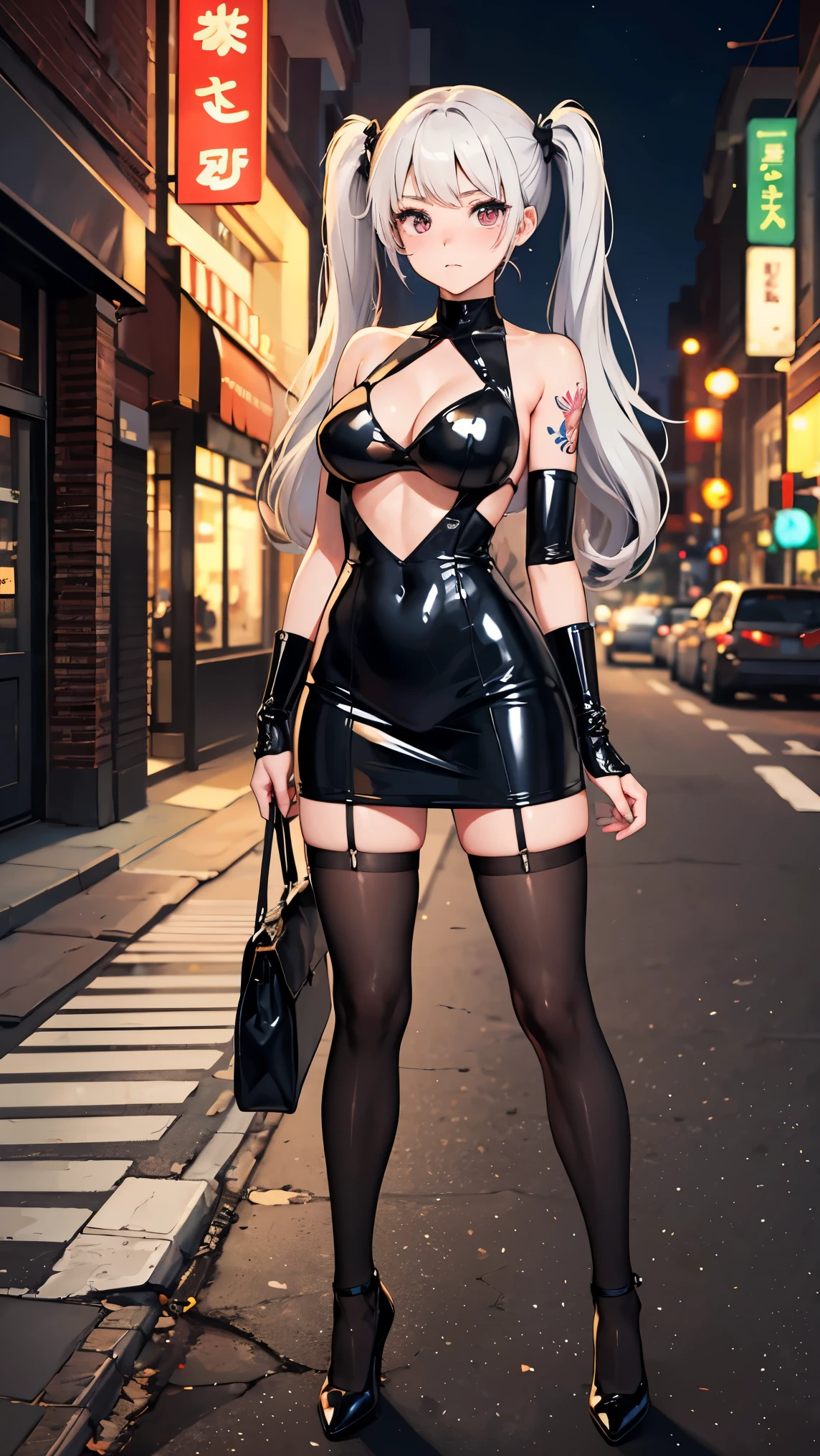 ((masterpiece)), ((Best quality)), (ultra detailed), ((kawaii)), Cute, (Beautiful), ((sexual)), ((extremely detailed)), 4K, (8K), Best quality, (Beautiful), young woman, stockings, heels, , excellent hand anatomy, best anatomy, short fitted latex dress, twintails, White hair, tattoo on tele, standing pose, glow, neon, in street, night, Uncensored, full body, under boob