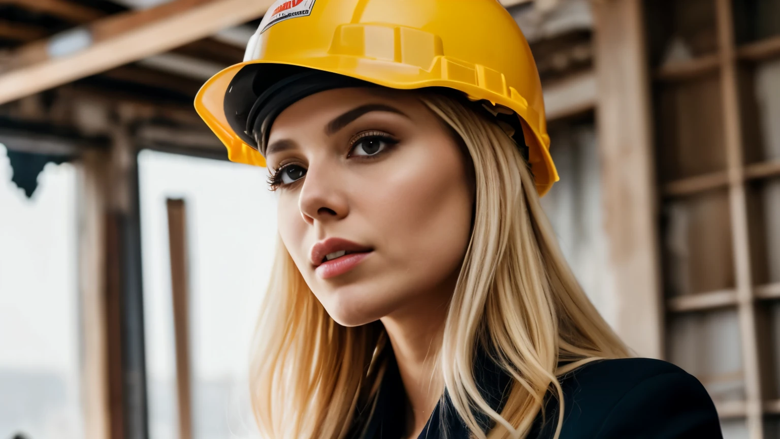 A powerful blonde CEO, identified as Jovana Rikalo, dons a hard hat as she confidently faces the camera amidst the chaos of a house undergoing renovation, demolition, and construction. The scene is filled with the hum of advanced technology and the presence of hardworking people at every corner. The photo still exudes a professional work vibe, making it an ideal stock image for various industries.

This cinematic moment is captured in high definition, with 8k resolution and high details that make every texture and anatomical detail pop. The lighting bathes the setting in an aesthetically pleasing, curated manner, enhancing the textured skin of Jovana's face