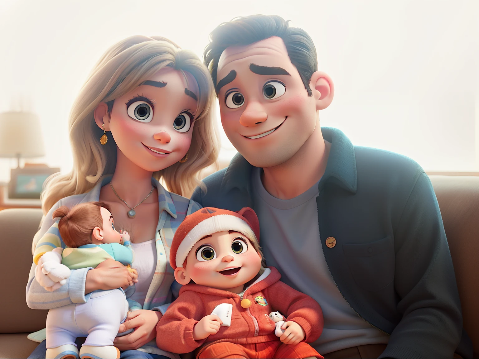 Couple with baby on their lap disney pixar style, alta qualidade, melhor qualidade