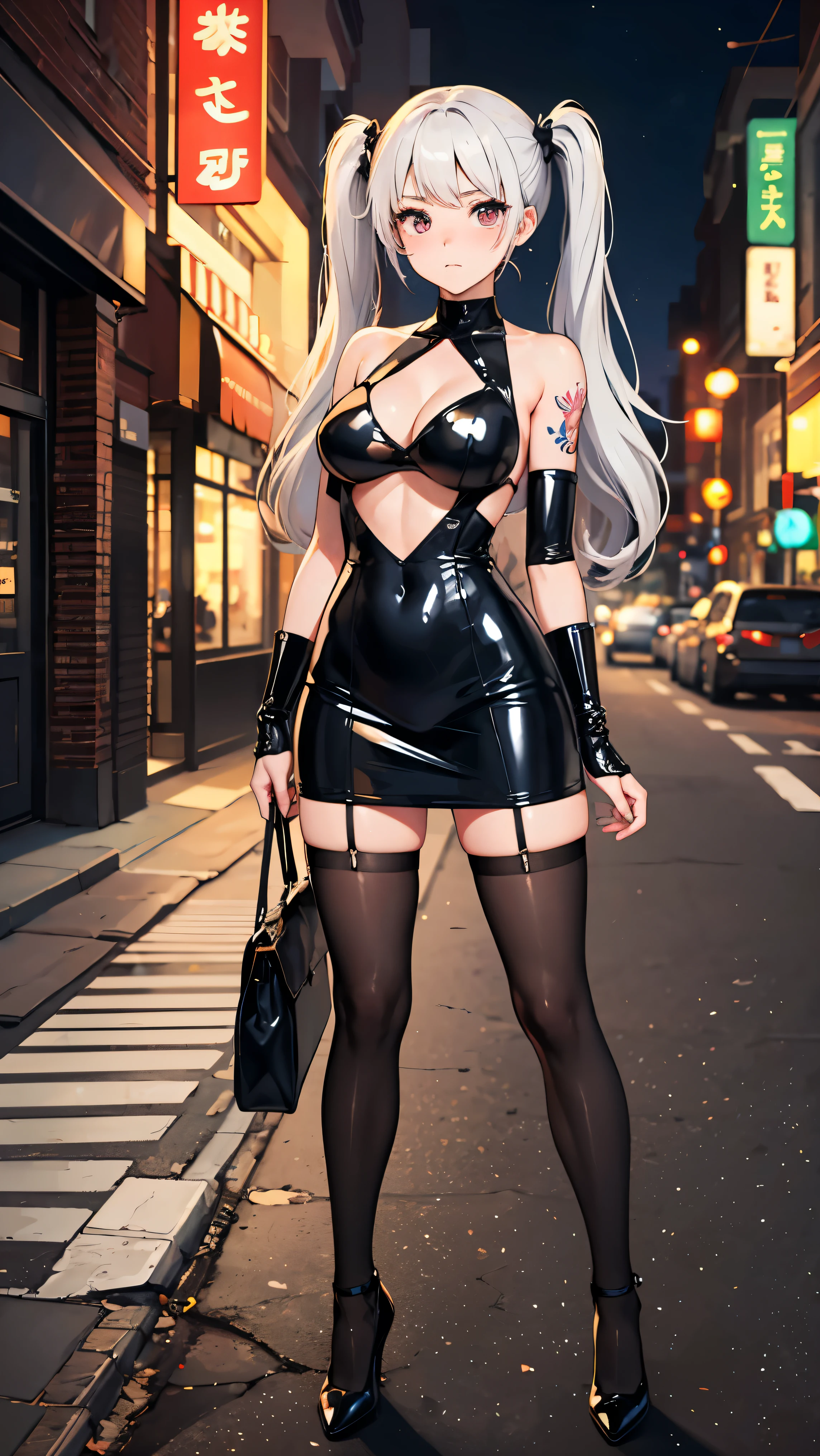 ((masterpiece)), ((Best quality)), (ultra detailed), ((kawaii)), Cute, (Beautiful), ((??????)), ((extremely detailed)), 4K, (8K), Best quality, (Beautiful), Young woman, stockings, heels, , excellent hand ???????, best ???????, short fitted latex dress, ponytail, White hair, tattoo on tele, standing pose, shine, neon, to the streets, night, uncensored, whole body, under the ??????? 