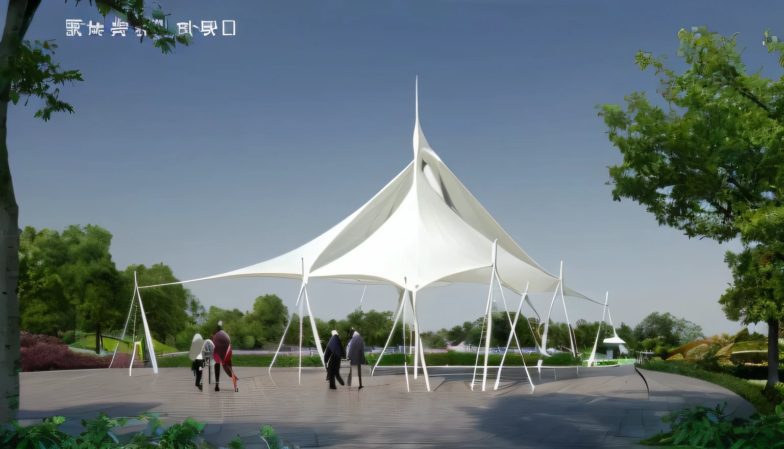 people walking around a large white ten ten with trees in the background, ten ten architecture, Covered outdoor stage, canopies, rendering, pavilion, dramatic scene, architectural rendering, ten tens, 3D architecture, overhead canopy, daytime, Surrealism!!!, ten ten, 凉pavilion, artist'interpretation, art sketch, view, amusement park buildings, architectural design