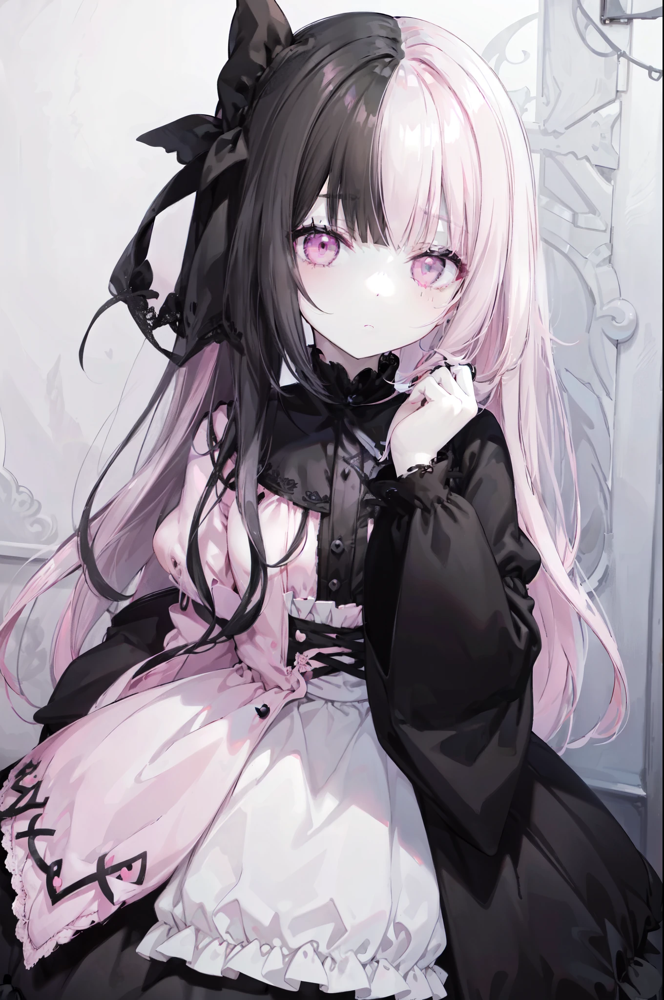 pastel gothic vampire girl, (((hlfcol haired girl with black and pale pink hair))), ((pale pinkombre hair)), pale pink eyes, pastel gothic lolita dress,