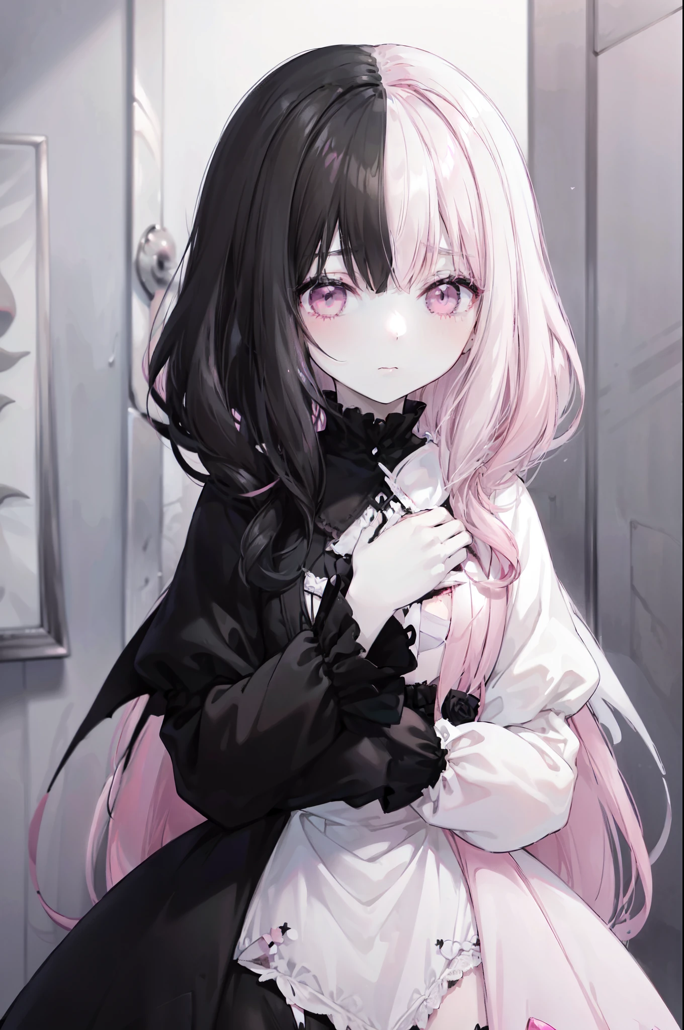 pastel gothic vampire girl, (((hlfcol haired girl with black and pale pink hair))), ((pale pinkombre hair)), pale pink eyes, pastel gothic ta dress, 