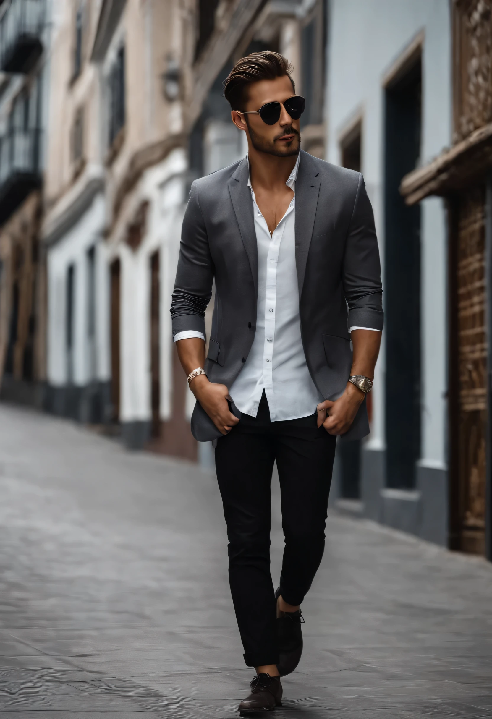Hombre de cuerpo entero mirando hacia adelante, camisa gris abotonada, with grey trousers, Camisa blanca, cinta negra, cuerpo completo, Brazos a los lados, no meter las manos en los bolsillos, pelo rubio corto, y ojos azules, hombre atractivo, joven guapo, y atractivo, Characteristics, hombre atractivo, joven atractivo, cold _ Peinado, hombre rubio, Hombre delgado con piel clara., Hombre joven con larga longitud, zapatos negros, 8k