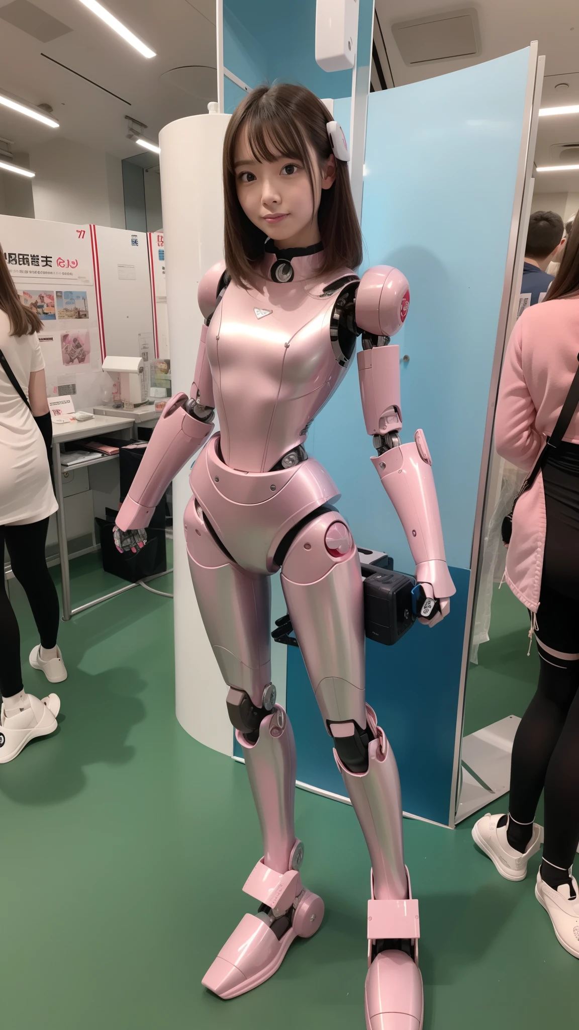Robot Girl, pink there, Silver, Metallic body, Robot Parts, Metal Parts, Super Detailed Face, Super well-formed face, of the highest quality, a small face, a small head, Brown hair, Slender body, Camera gaze, Internal Mechanical Exposure, Idol, front facing, Well-proportioned body, sale, Exhibited, Event Hall, Moe Pose, pink metallic ta dress machine armor, Standing with legs open, Model body type, sad, Embarrassing,(Perfect Robot Girl),(Perfect machine body)
