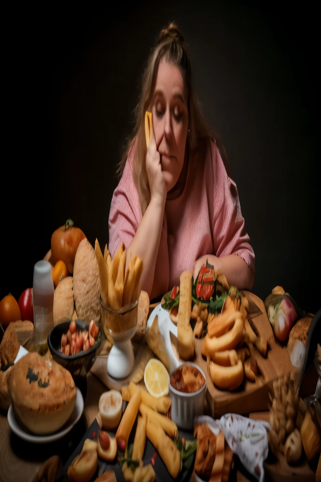 mulher arafa sentada em uma mesa com muita porcaria, obeso ), mukbang, Sobrepeso, obeso, gula, comendo, about to consume you, fotografia tirada em 2 0 2 0, fotografia de retrato, submecanofobia, mulher gorda, the table is full of food, publicity photo, low fat levels, comendo meat, an Sobrepeso