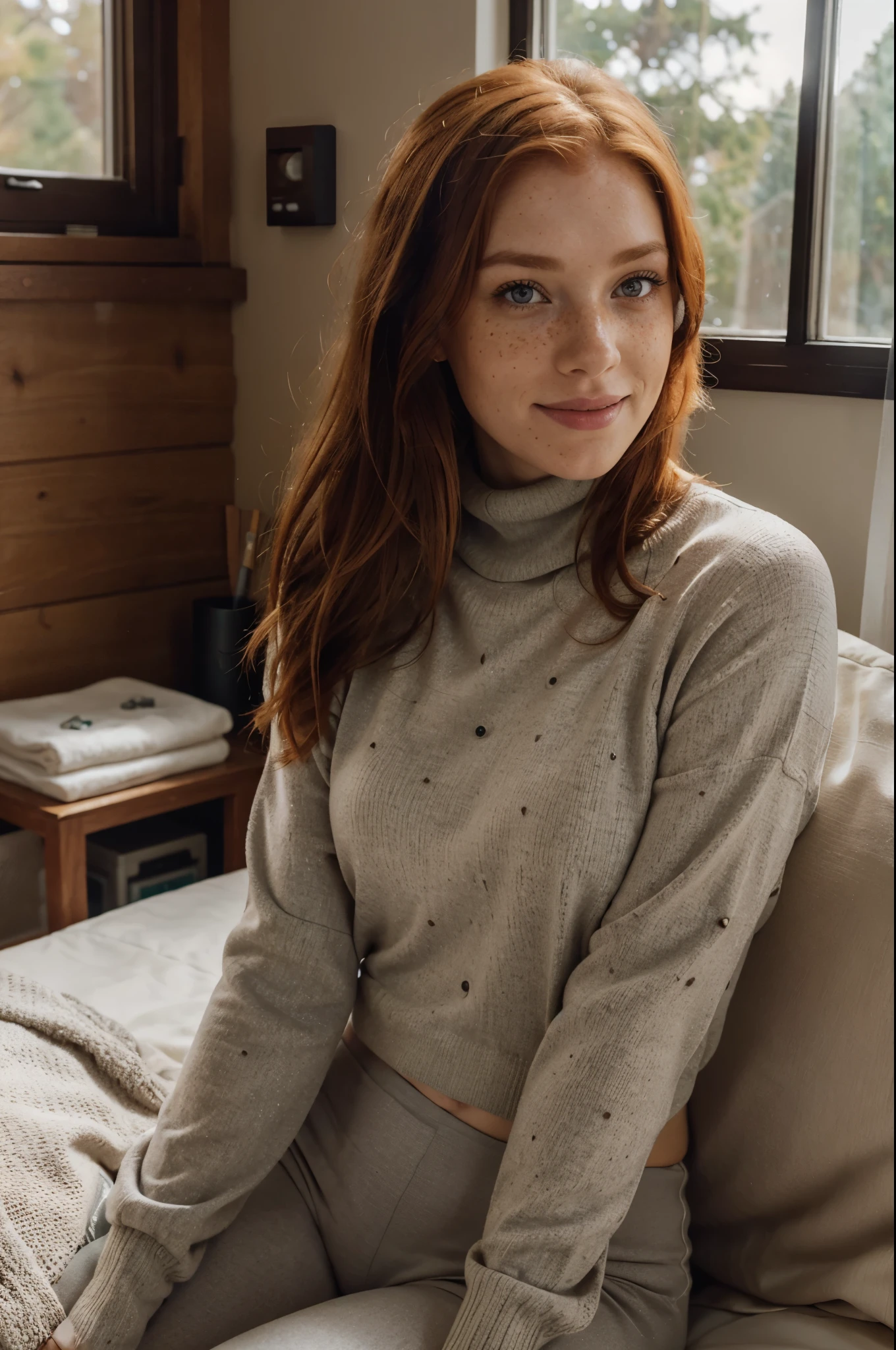 a photo of a beautiful woman, wearing a gray turtleneck sweater and branded yoga pants, lululemon, ginger hairwinter, comfy, sitting next to a large window, pillows, log cabin, posing for a picture, subject focus, striking a pose, smiling, perfect lighting, jewelry, makeup, 24mm, 4k textures, looking at viewer, making eye contact, realistic, 8k, dslr, a woman with freckles on her face, freckled pale skin, ginger hair with freckles, light freckles, freckled, freckled face, very light freckles, woman with freckles, red hair and freckles, with freckles, soft freckles, freckles, hint of freckles, freckle, sparse freckles, small freckles, redhead woman, light cute freckles