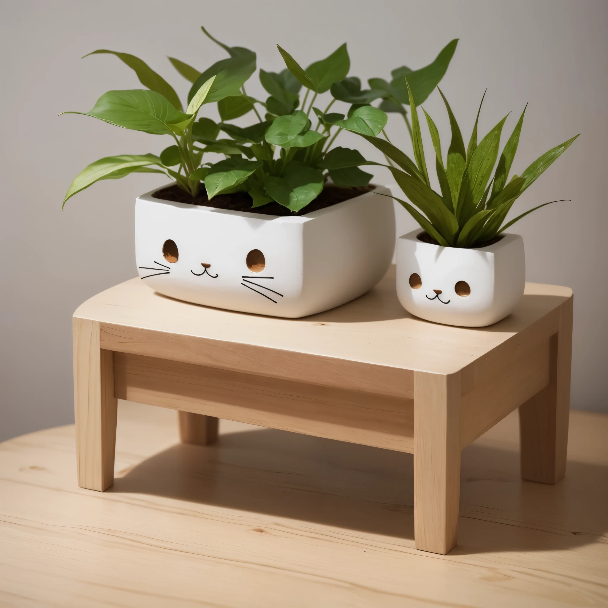plaster planter on a wooden base with a living plant, in the shape of a cat, kitten, style кавай, Cute, Cute, японский style, design:
Kinoko Yamada, Hiharu Nakamura, style: Kovai, minimalism