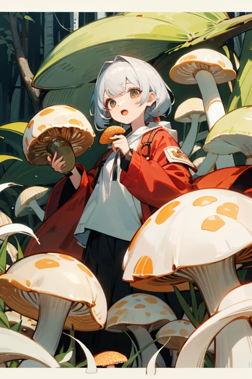 in the deep forest、Cute girl wearing a red food coat。holding a matsutake mushroom in hand、Eyes shine、open your mouth wide、trying to devour。