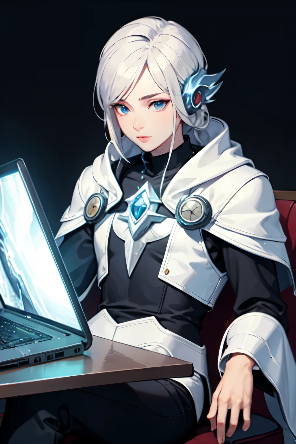 ((best quality)), ((masterpiece)), (detailed), frost mage man, sitting on computer