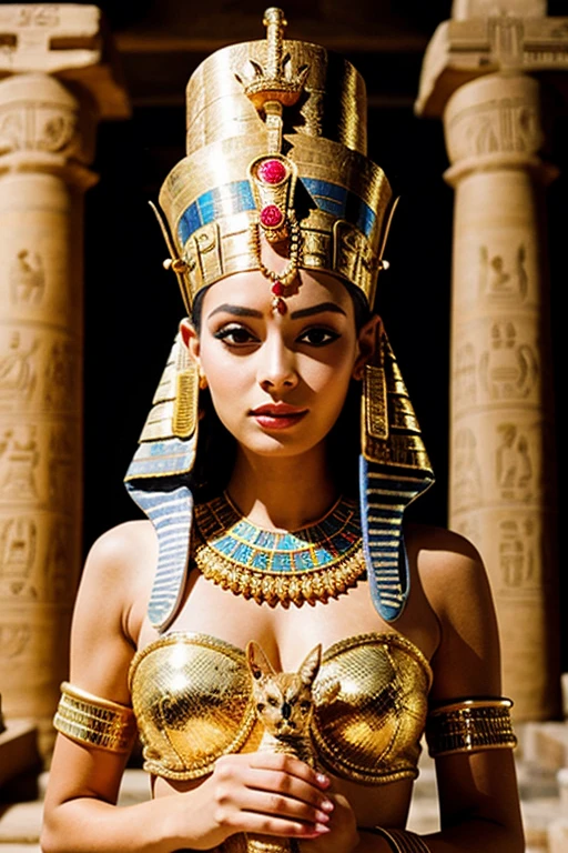 A woman dressed in ancient Egyptian dress,with a gold queen pharaoh headdress crown with a snake and precious stones. Elle tient un serpent dans la main. There is also a hairless sphynx cat with her in the pharaoh temple.