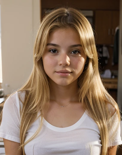 12-year-old blonde girl, ojos cafes claros coleta de caballo y fleco del lado derecho camisa amarilla 