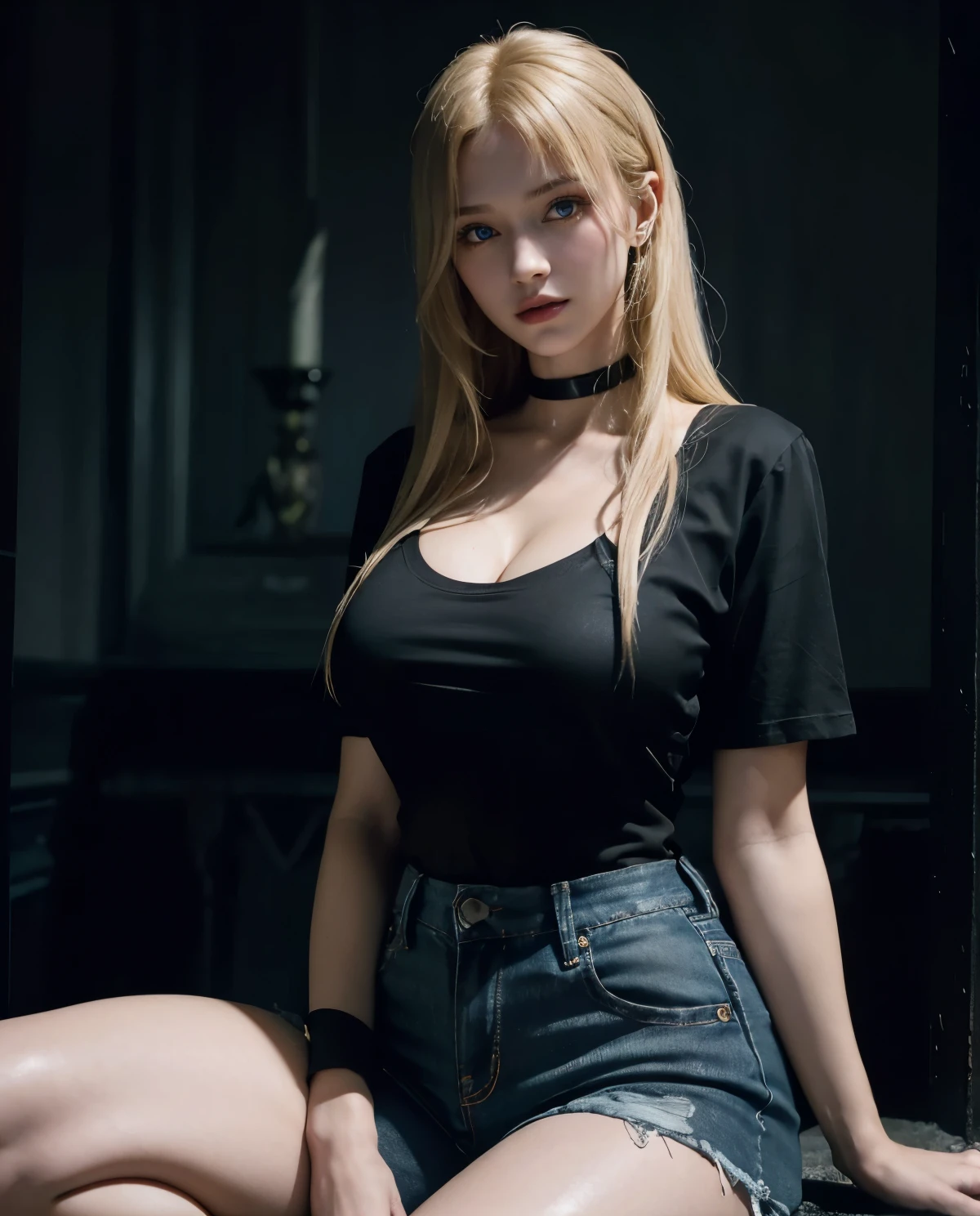 1girl, Blue eyes, (smile), (in a dark mansion :1.4), (close-up at face :1.2), gothic horror vibes, (Sana Minatozaki), wide hips, Big , big ass, (Best Quality, 8k, Masterpiece: 1.3), perfect hands, Clear Focus: 1.2, Perfect Body Beauty: 1.4, Highly detailed face and skin texture, detailed eyes, double eyelids, (blonde long hair :1.2), (black cleavage t-shirt), (jeans), sitting in the street, ((dark theme :1.3)), (in the dark), dark background