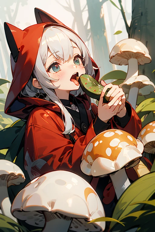 in the deep forest、Cute girl wearing a red food coat。holding matsutake mushroom in hand、Eyes shine、open your mouth wide、trying to devour。Wearing a red hood。While salivating、licking it with my tongue。