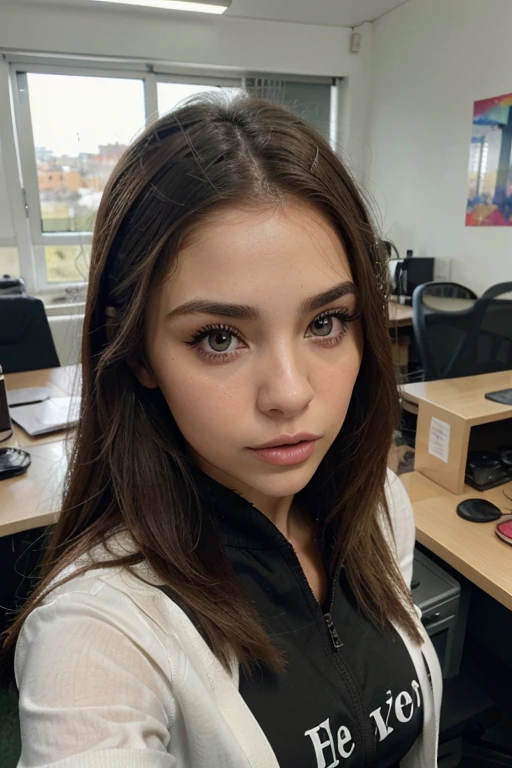 vestida con una chaqueta negra de costar y una camisa estilo secretaria, Chica sexy con ojos verdes, Retrato de Sophie Mudd, Retrato de Corinna Kopf, portrait of charly jordan, pelo rubio y ojos grandes, selfie de una mujer joven, unique makeup, Maquillaje natural con ojos penetrantes, look directly into the camera., Cara con Artgram, maquillaje sutil, rubio, cuerpo modelo, bien, ceja bien definida, boca cerrada, in an office with a splendid view, tetas grandes tapadas por la ropa