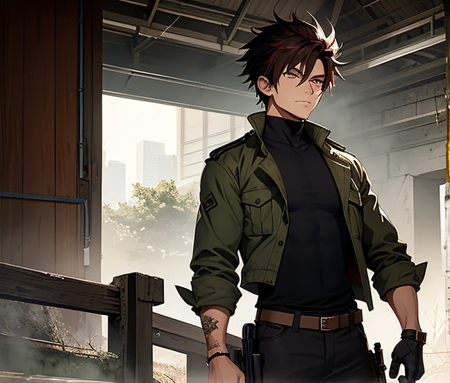 Tachihara is a slightly imposing young man with short, spiky hair dyed rust red and amber eyes. He wears a plaster on the bridge of his nose. His natural hair color is black.
His normal outfit consists of a long-sleeved and rather baggy white V-neck shirt with the border being black and the left sleeve rolled up so it isn't visible. This shirt is partially covered by a military green crop jacket that has beige fur around the collar. Underneath, he wears a gun strap for his dual guns. He also wears dark blue pants, brown boots, and a black band on his left wrist.
