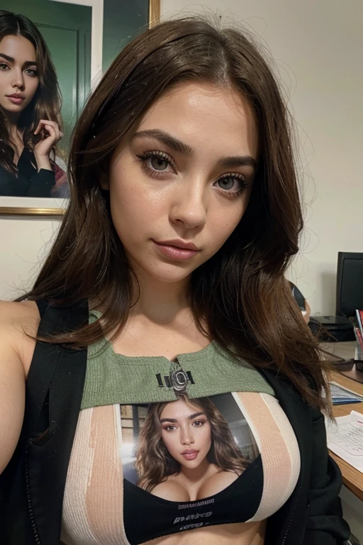 vestida con una chaqueta negra de costar y una camisa estilo secretaria, Chica sexy con ojos verdes, Retrato de Sophie Mudd, Retrato de Corinna Kopf, portrait of charly jordan, pelo rubio y ojos grandes, selfie de una mujer joven, unique makeup, Maquillaje natural con ojos penetrantes, look directly into the camera., Cara con Artgram, maquillaje sutil, rubio, cuerpo modelo, bien, ceja bien definida, boca cerrada, in an office with a splendid view, tetas grandes, is working doing home office, coqueta