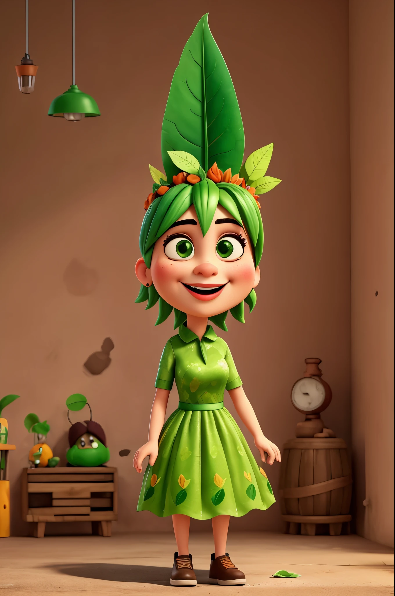 with green leaf head, vestido laranjado, personagem caricatural
