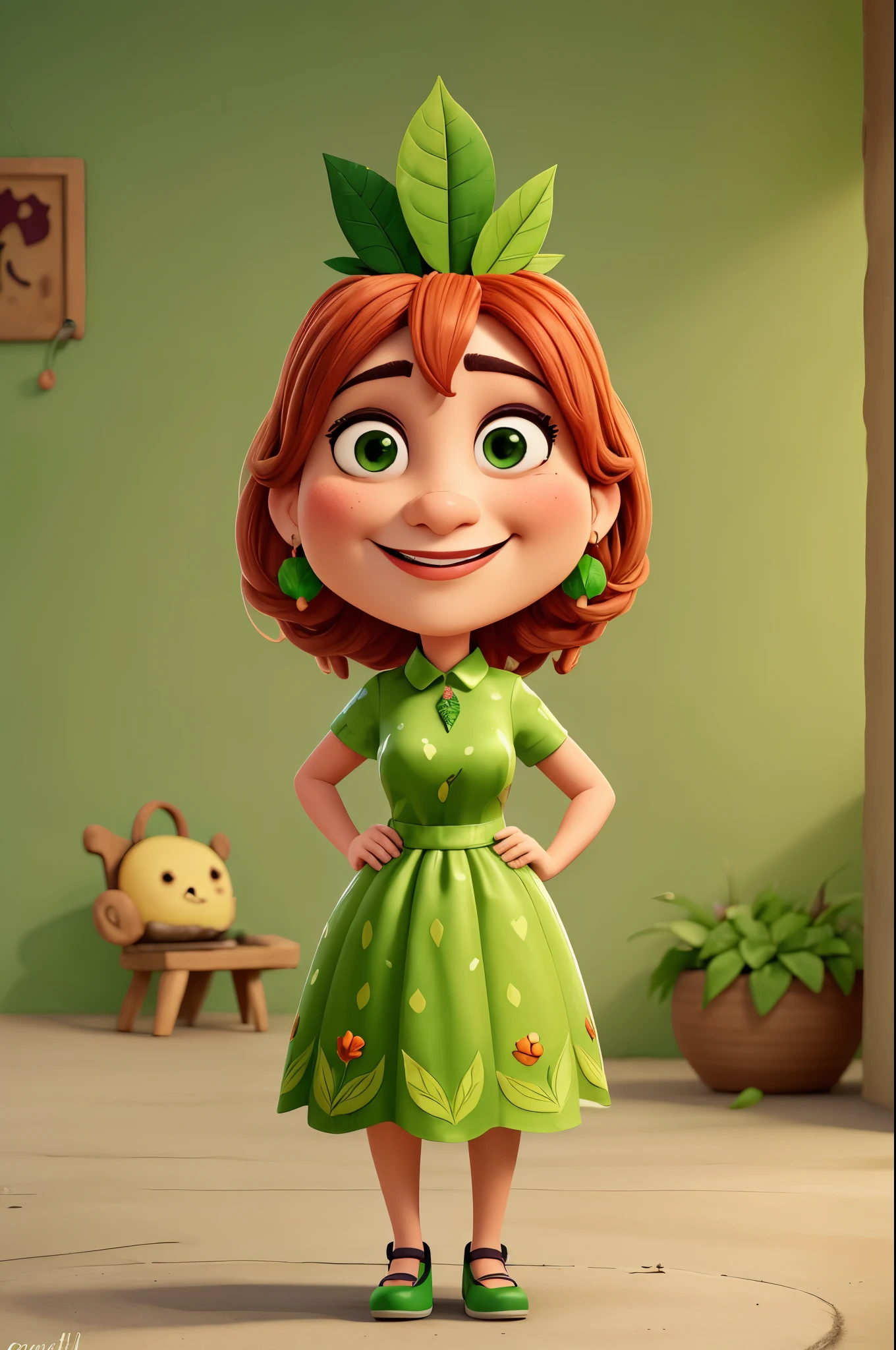  with green leaf head, vestido laranjado, personagem caricatural 