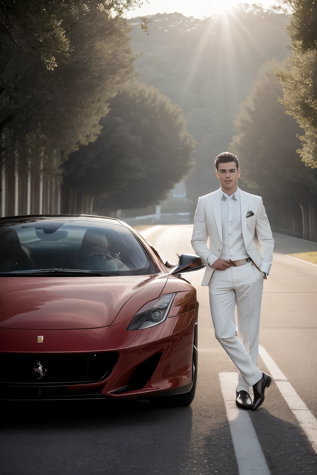 (RAW style, masterpiece, best quality, ultra-detailed), a young handsome man standing next to his Ferrari ( Model S2 ), charming smile, jawline defined, well-tailored suit, sunset background, cinematic lighting, top down view of the Ferrari, sexy car design, shiny exterior, ultra high resolution, intricate details, hyper-realistic, captivating colors, sun rays reflecting off the car, blurred background, soft cinematic light, vibrant and lively, professional photography, exuding confidence and sophistication.