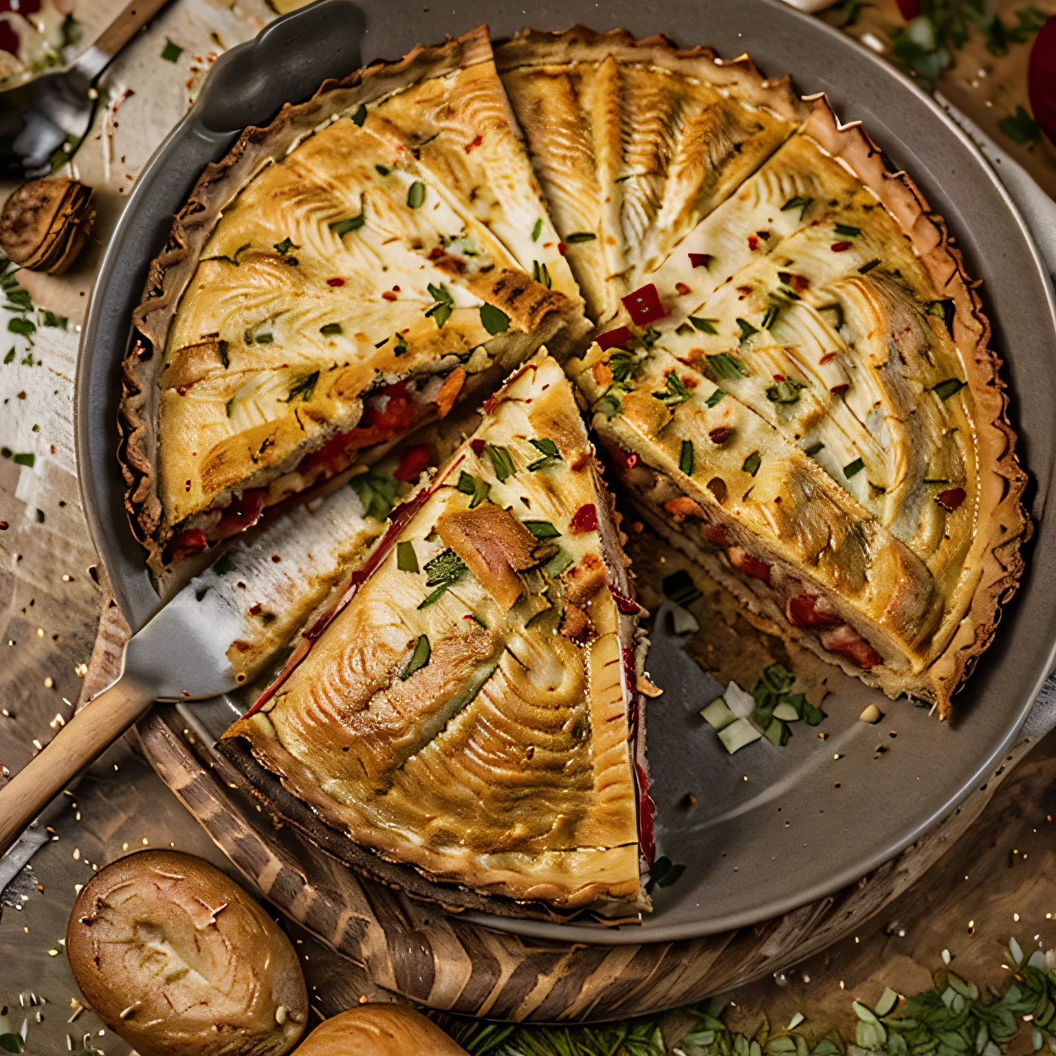 there is a pan with a slice of quiche on it, leftover meat pie, high quality food photography, yummy, recipe, 3 4 5 3 1, polish food, the best, cheesy, ❤🔥🍄🌪, fan favorite, high quality product image”, easy, highly ornate, highly intricate, shutterstock, cooked