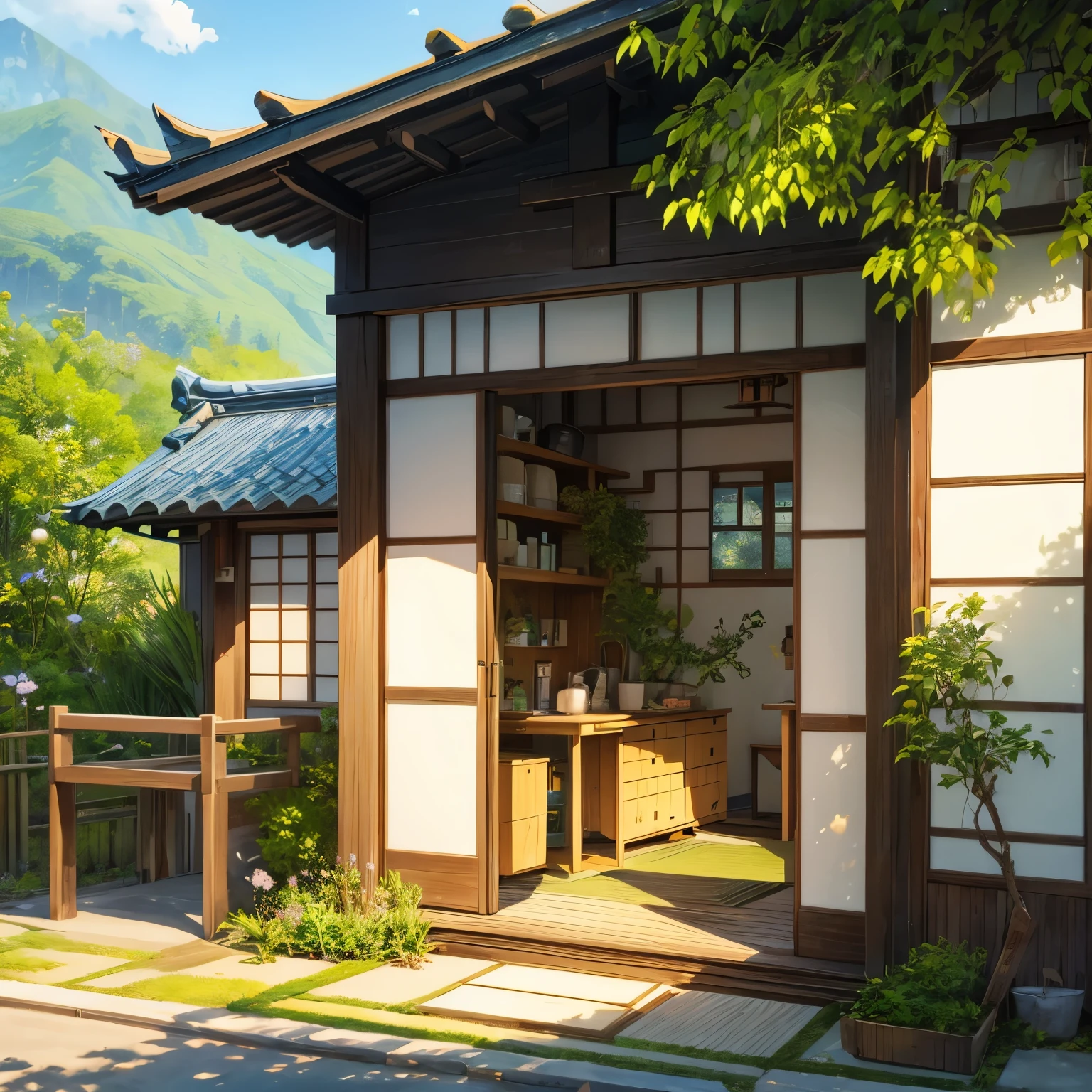 an illustration of beautiful small japanese house with green plant in the pot, bicycle in the front