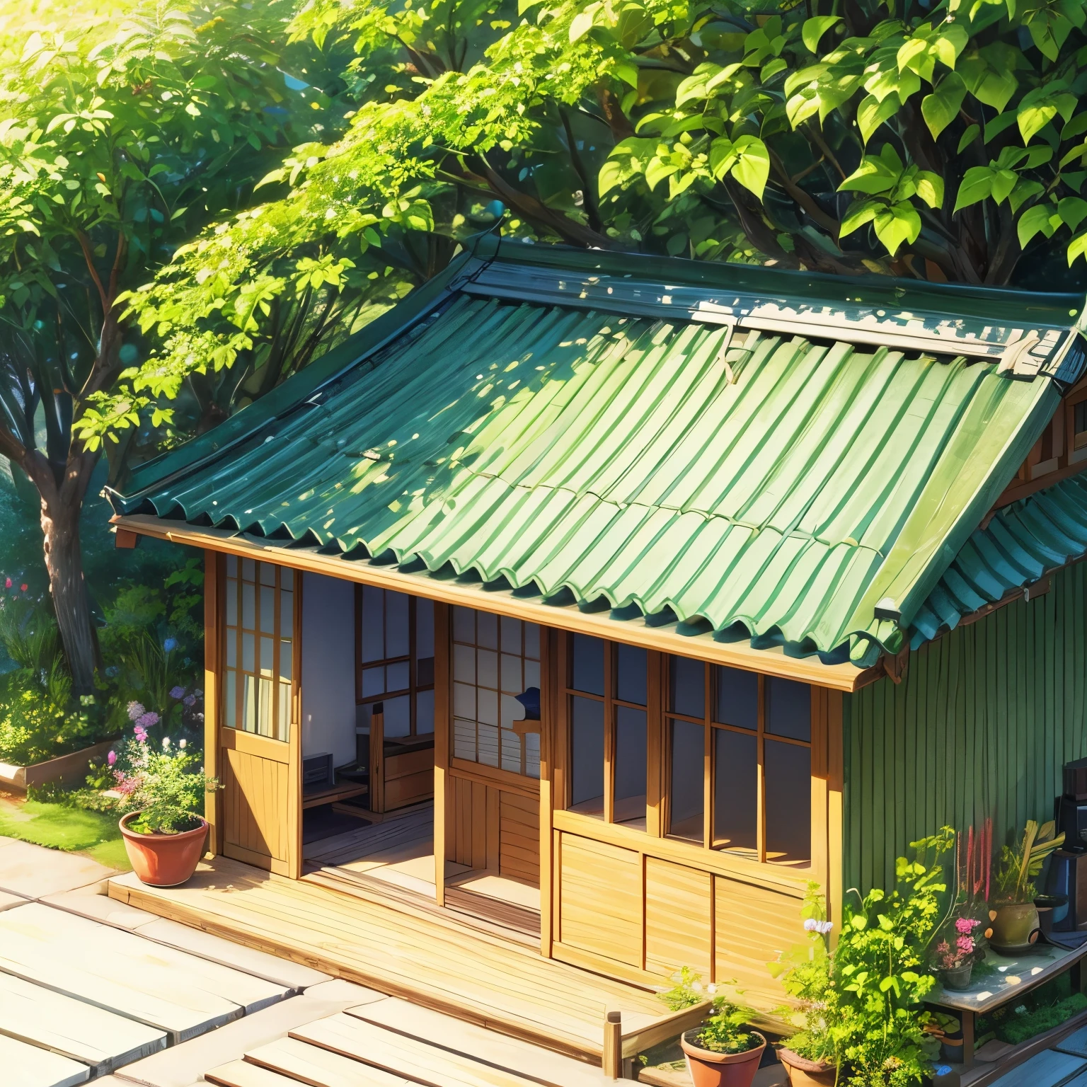 an illustration of beautiful small japanese house with green plant in the pot, bicycle in the front