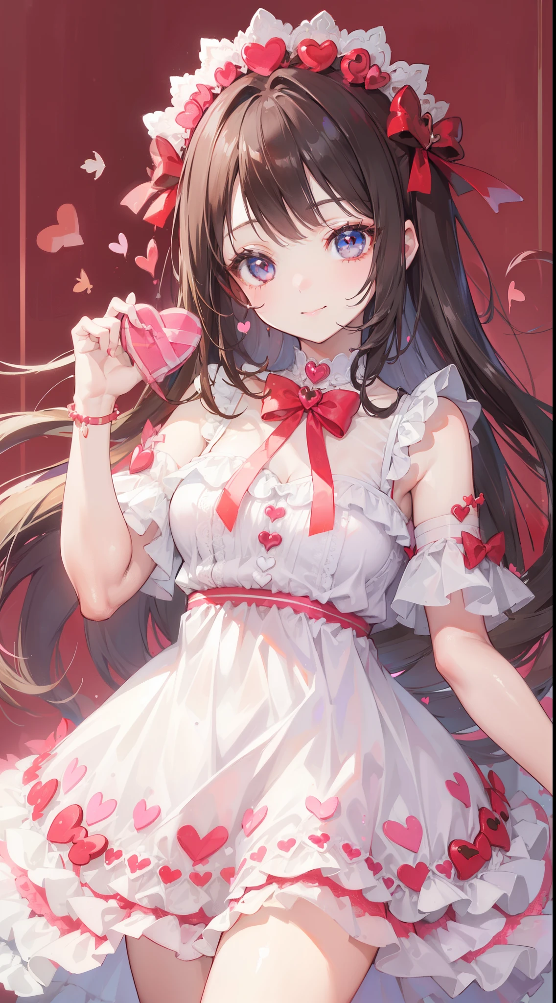 (((32k))), (((heart background))), (((Pretty girl))), (((cute girl))), (beautiful quality eyes), (cute smile), (((dress))), (valentine), ((holding heart chocolate)), 