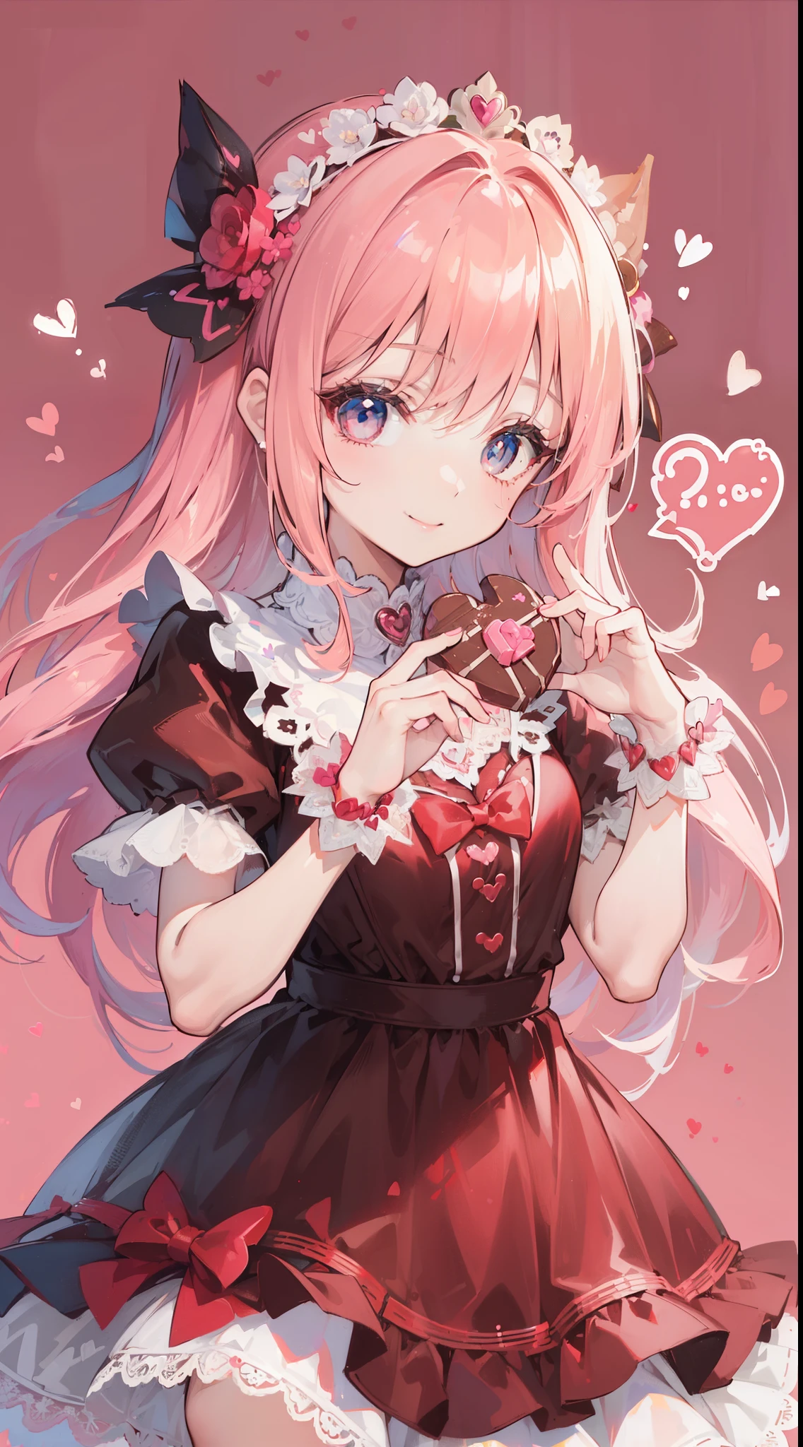 (((32k))), (((heart background))), (((Pretty girl))), (((cute girl))), (beautiful quality eyes), (cute smile), (((dress))), (valentine), ((holding heart chocolate)), 