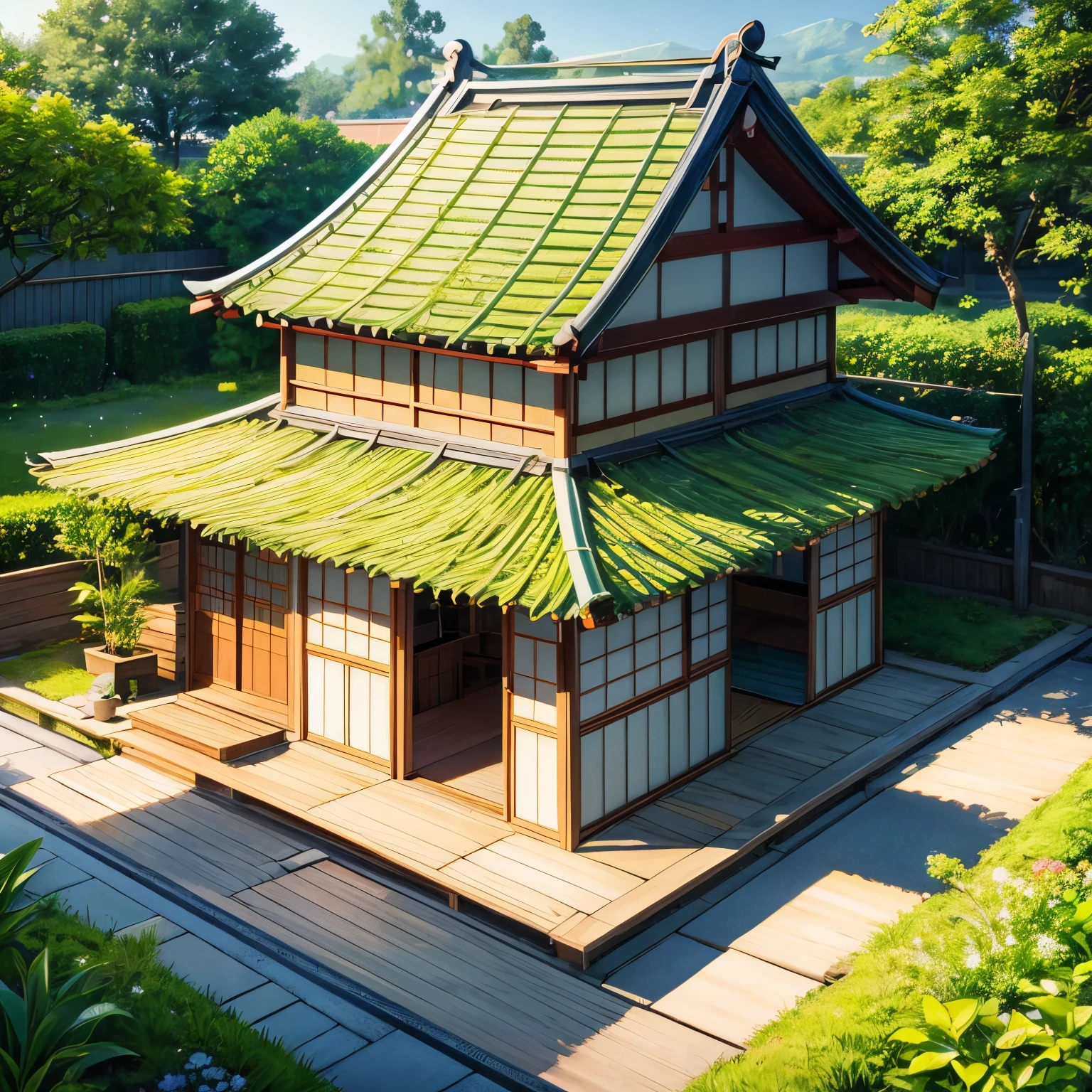 an illustration of beautiful small japanese house with green plant in the pot, bicycle in the front of house