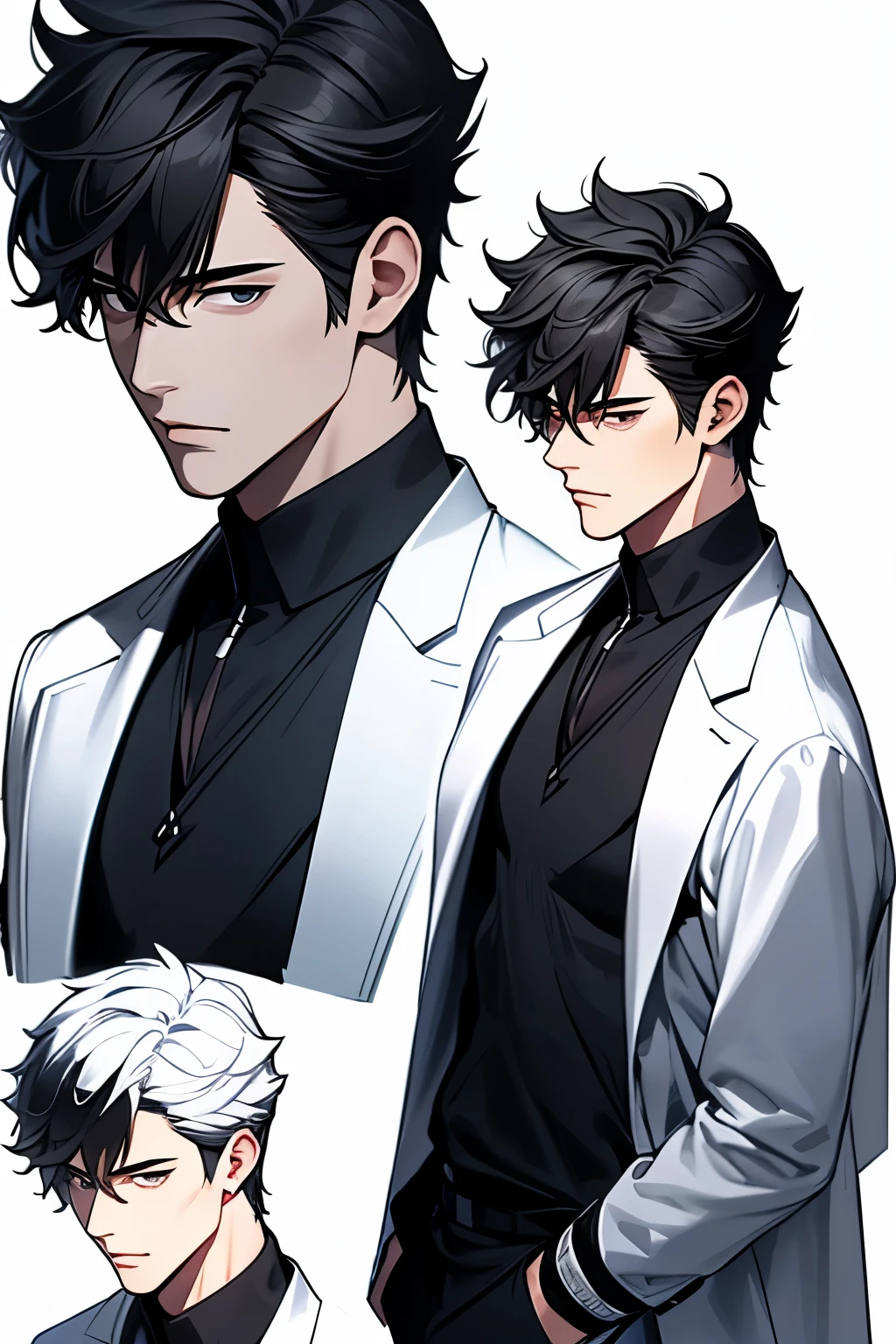 masterpiece, acura, solo, black suit, black hair, modern clothes, close-up, full body, line drawing background, white background, monochrome, line drawing, ((sketch)), hijikata toshirou, gintama, character sheet, male, young man, ultra detailed face, detailed hair