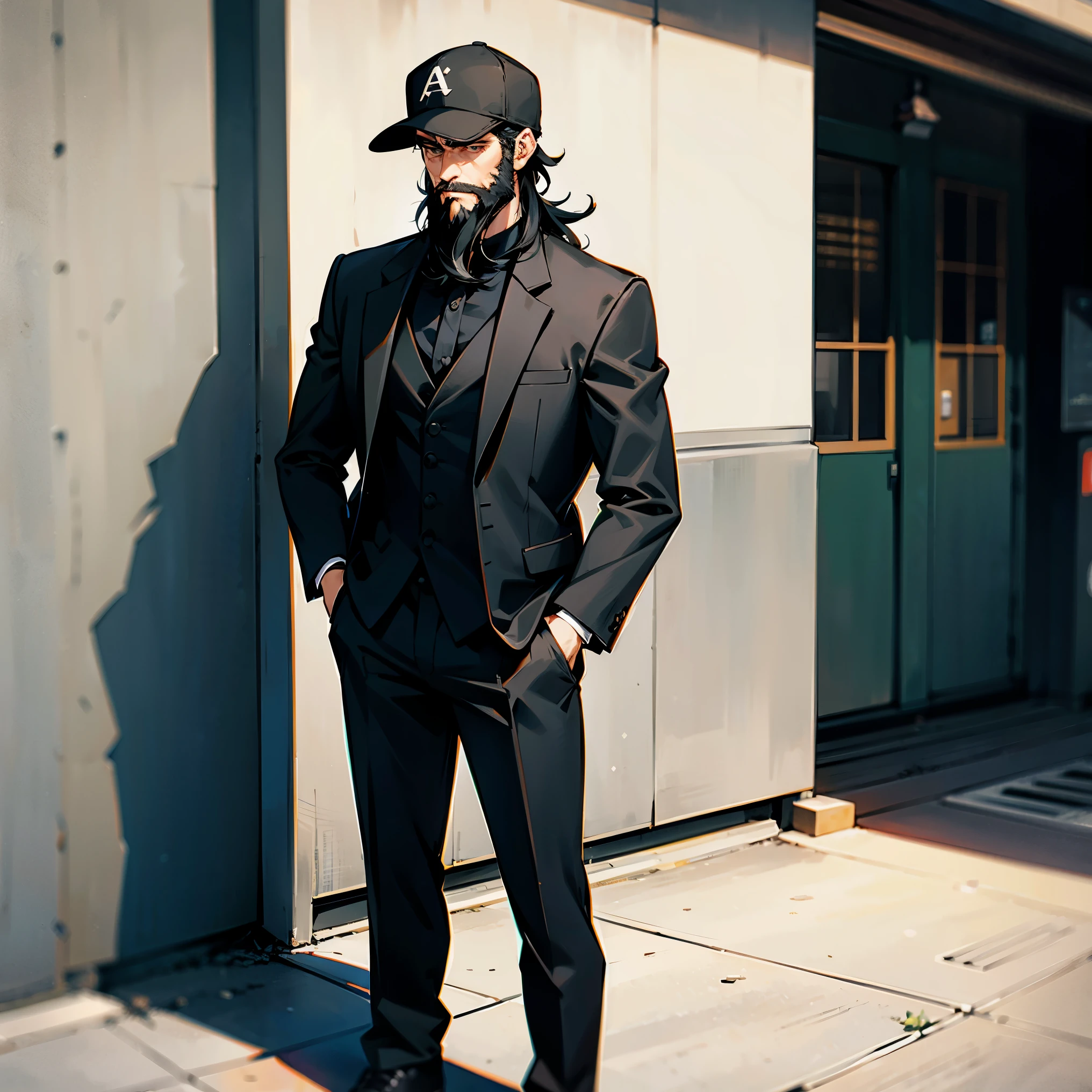 1male , Adult Male , Black Hair , Beard , Baseball Cap , Black Suit , Standing on sidewalk